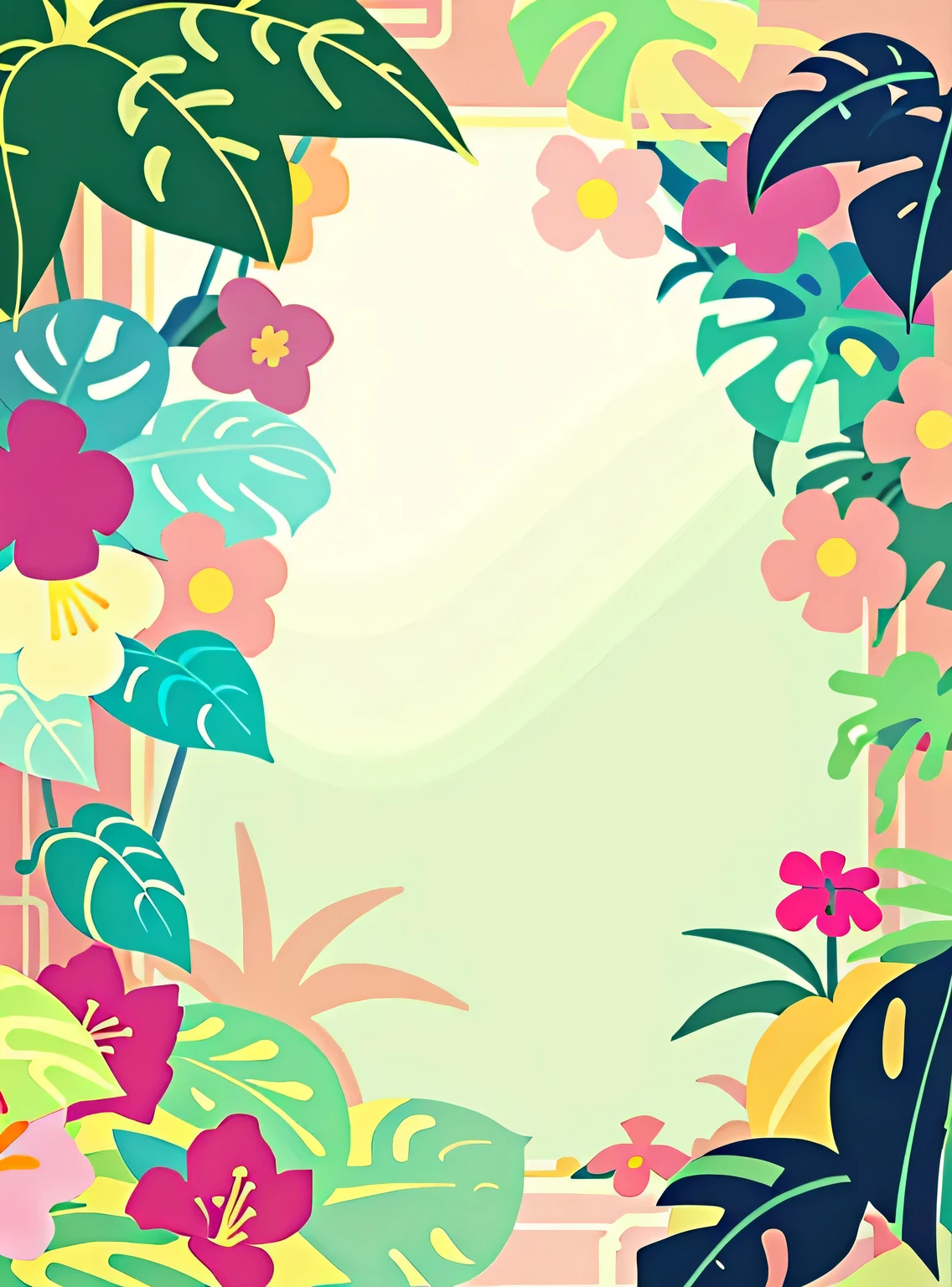 Estampa Flora，Bege suave，rosa pastel，plantas tropicais,flat illustration，GUI，maximalismo，esquema de cores brilhantes