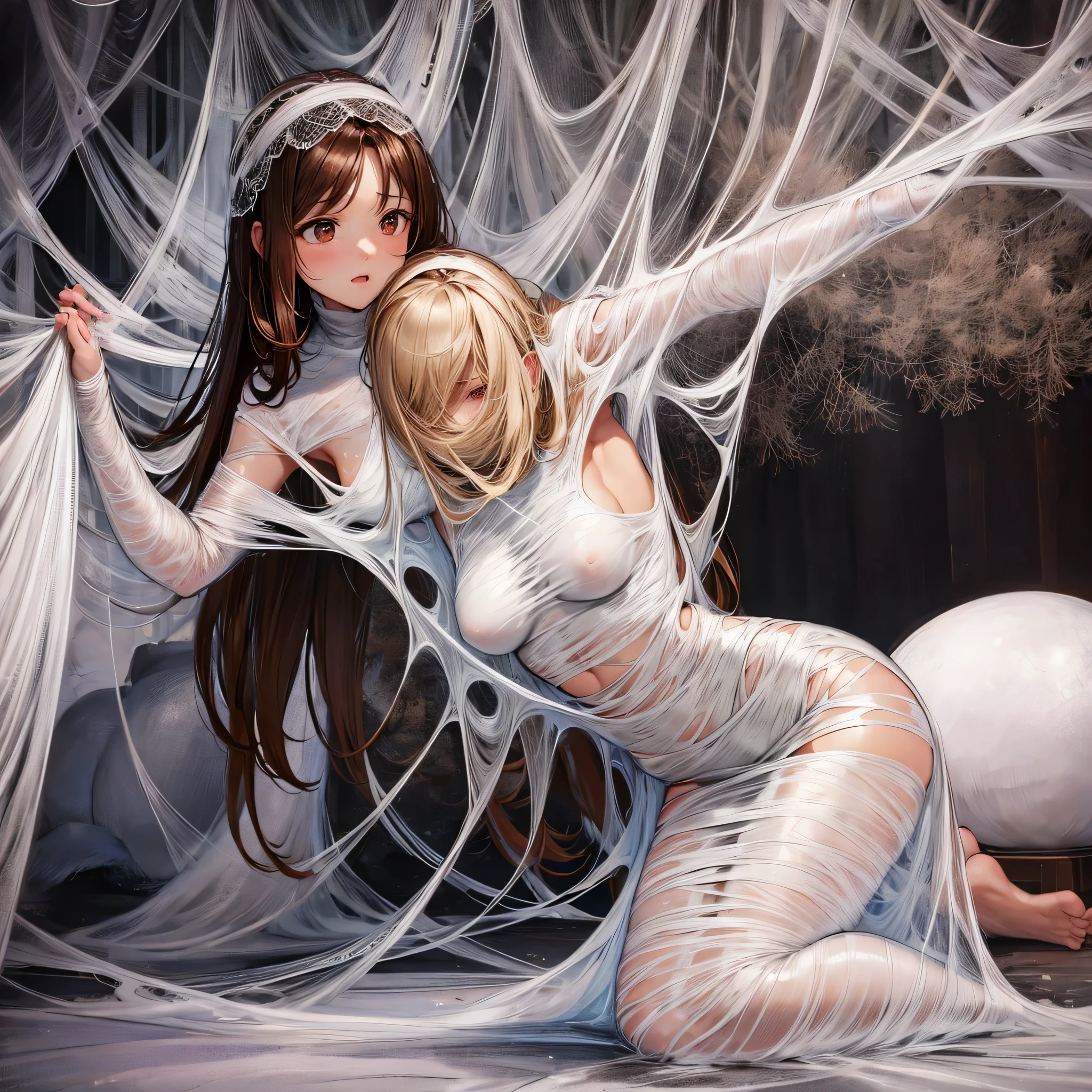 1girl,Spider weaving a net on the girl,réalism:1.2,ultra-detailed,bedroom setting,stretched pose,struggling in the net,brown haired,very long sheer skirt,oaken floor,soft sunlight,delicate spider silk,lace curtains,bedside table,decorative pillows
