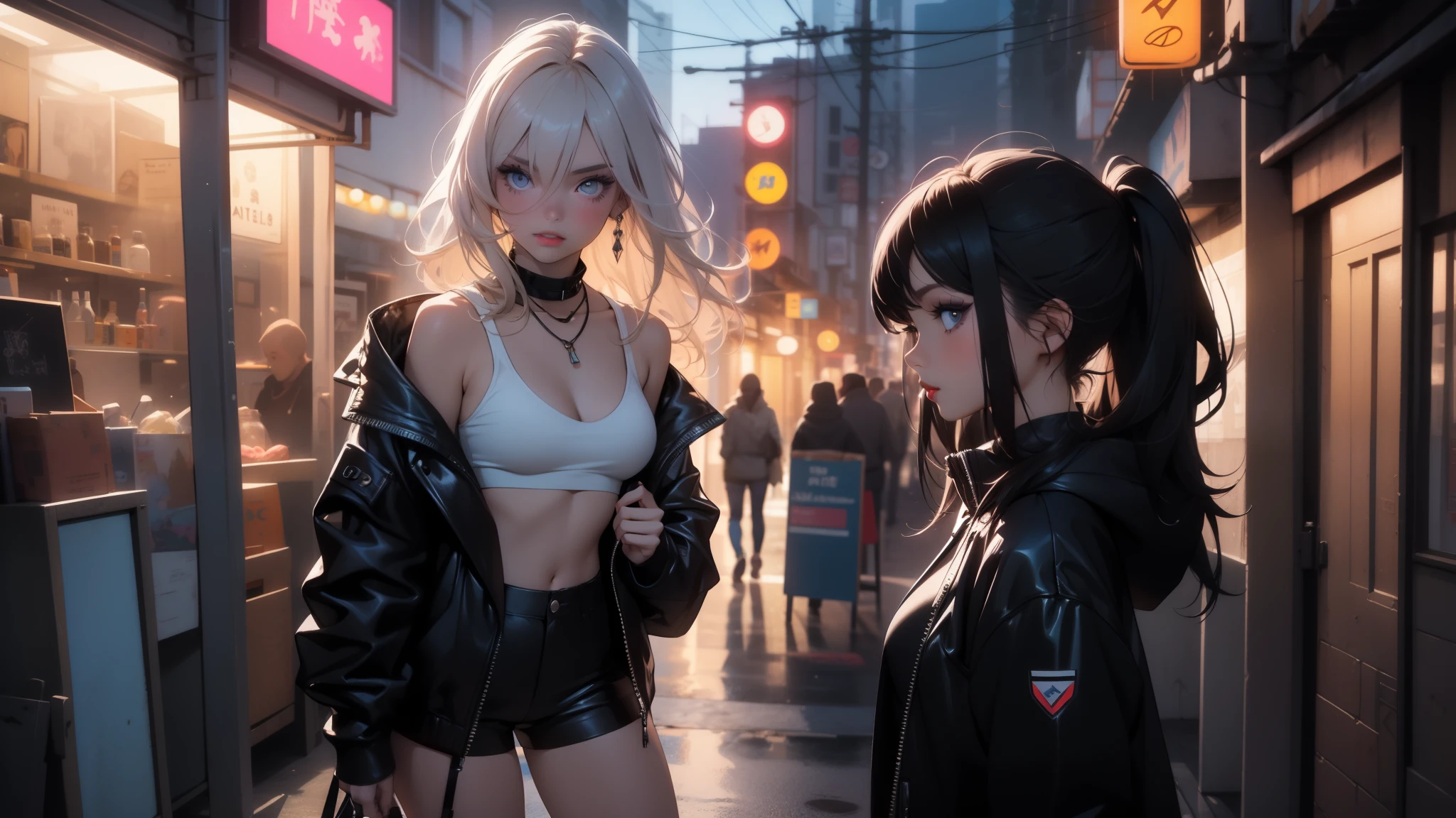 HighestQuali，Need，tmasterpiece，A high resolution，1girll（White color hair，High ponytail），1girll（Black color hair，shoulder-length short hair，The inside is dyed red），fullnude，The streets of the city，Ray traching，Dingdall effect，realistic detail，Naked，Be watched