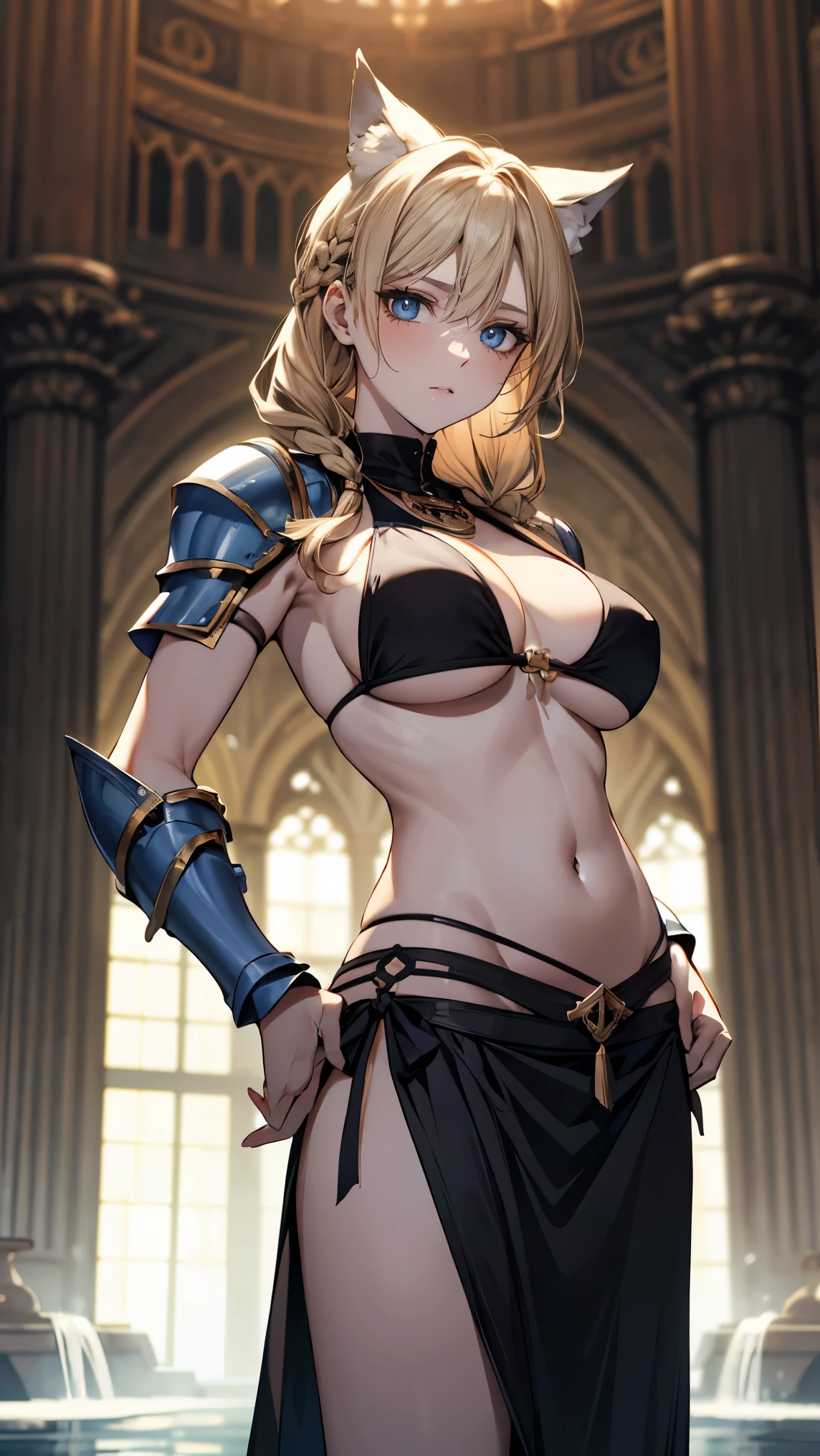 (female): solo, (perfect face), (detailed outfit), (20 years old), valkyrie, (wolf ears), determined, (focused), (posing:1.3), blonde hair, medium hair, (braided hair), blue eyes, pale skin, large chest_circumference, (armor top), (armor skirt), (amulet)、belly button、bikini armor！large breasts,wide hips,

(background): from front, indoor, water temple, (fountain:1.3), (statues), (pillars), (altar), afternoon, (misty:1.3)

(effectasterpiece), (best quality), (sharp focus), (depth of field), (high res)