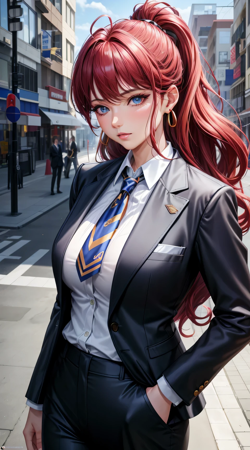 (best quality:1.5, highres, UHD, 4K, detailed lighting, shaders), red wavy haired, gradient hair, panter eyes, large breasts, suit, gray shirt, social shirt, social long pants, mature woman , (pov), white background, colorful eyeshadow, dramatic lighting, sparkling eyes, sensual expression, golden earrings, flowing hair, delicate facial features, soft skin, high cheekbones, urban setting, white background, dont look for the camera, lean forward,