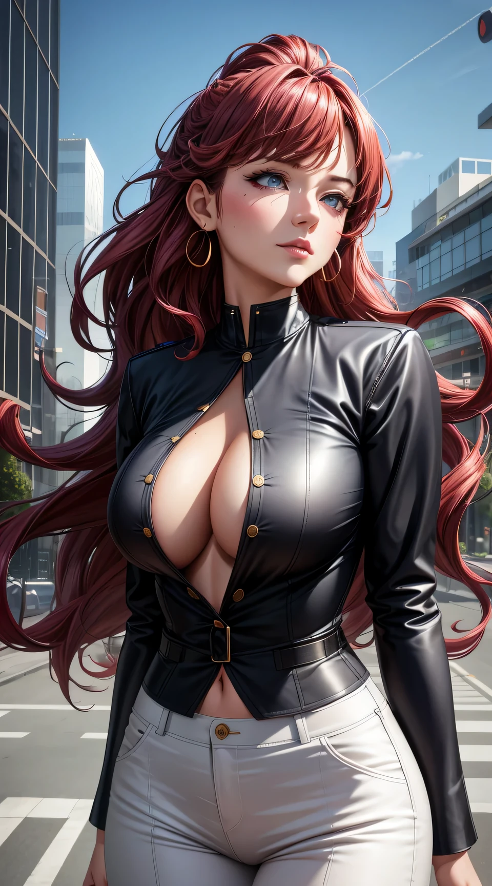 (best quality:1.5, highres, UHD, 4K, detailed lighting, shaders), red wavy haired, gradient hair, panter eyes, large breasts, suit, gray shirt, social shirt, social long pants, mature woman , (pov), white background, colorful eyeshadow, dramatic lighting, sparkling eyes, sensual expression, golden earrings, flowing hair, delicate facial features, soft skin, high cheekbones, urban setting, white background, dont look for the camera, lean forward,