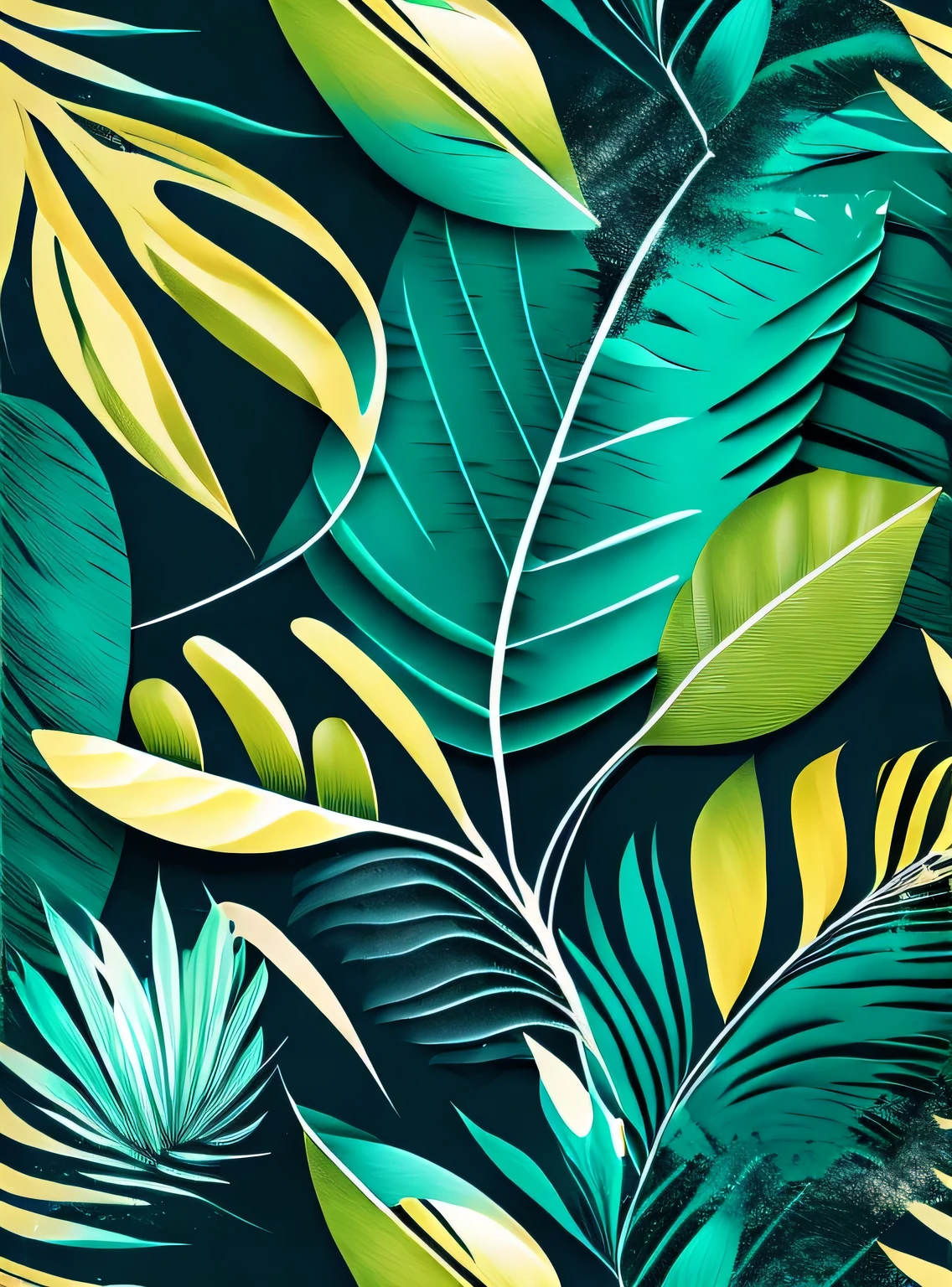 papel de parede abstrato de folhas tropicais, estilo vetorial, respingo de tinta, intricado