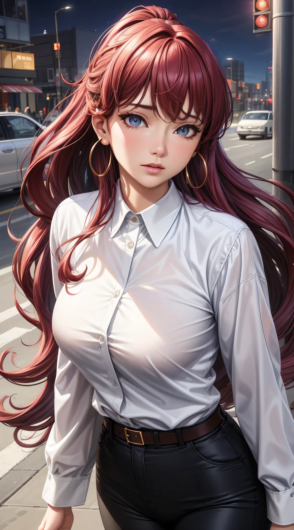 (best quality:1.5, highres, UHD, 4K, detailed lighting, shaders), red wavy haired, gradient hair, panter eyes, large breasts, suit, gray shirt, social shirt, social long pants, mature woman , (pov), white background, colorful eyeshadow, dramatic lighting, sparkling eyes, sensual expression, golden earrings, flowing hair, delicate facial features, soft skin, high cheekbones, urban setting, white background, dont look for the camera, lean forward,