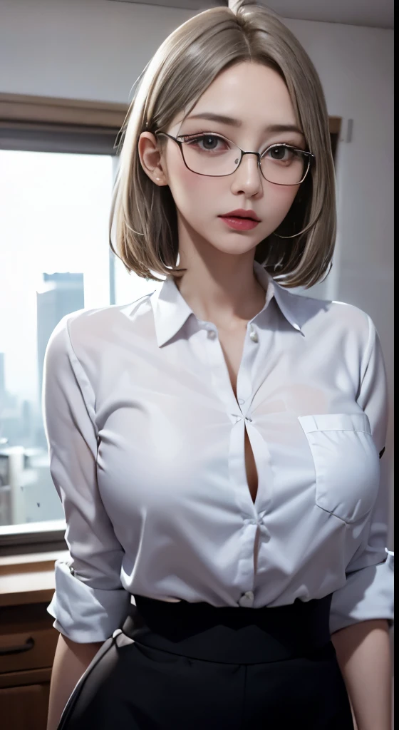 4K quality、最high qualityの傑作、A girl wearing thin silver glasses and a white shirt, (heavy makeup), Blurred city background at sunrise, short hair, detailed face, high quality, High resolution、(full shot:1.8), big breastini skirt、garter belt and black stockings、secretary、night view、dark room、room without lights
