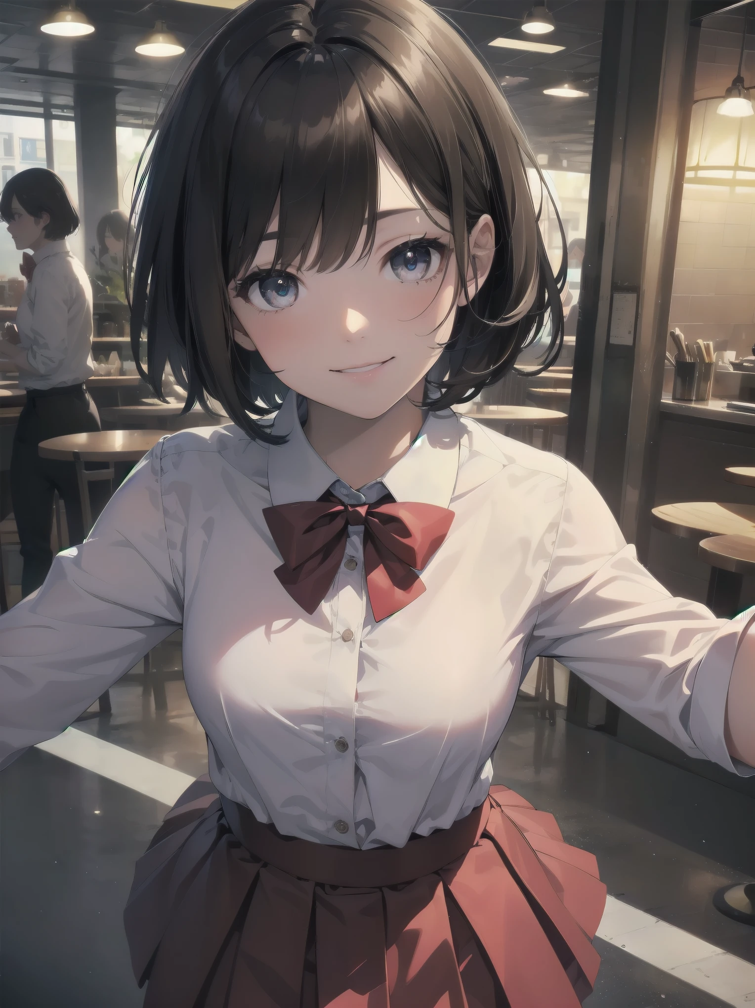 (RAW photo, 最high quality), (realistic, photo-realistic:1.2), close-up portrait photography, 1 girl, Rooftop café in a shopping mall, outdoors, smile, (high definition skin:1.4), puffy eyes, gorgeous hair, brown black hair, One-Length Bob Cut、drooping eyes、Realistic and complex eyes White opaque shirt with bow tie, bright red pleated skirt, soft lighting, high quality,