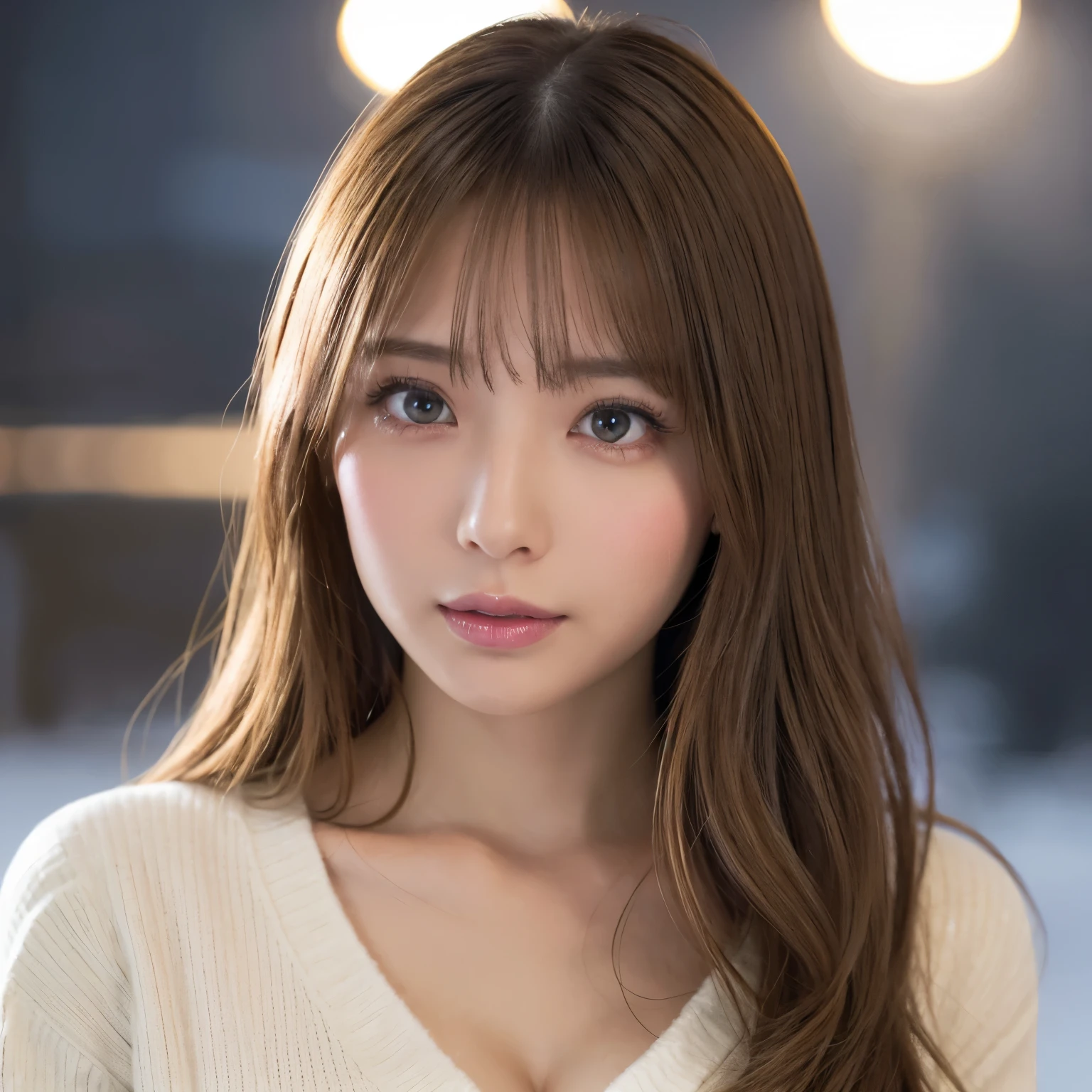 (table top、highest quality、8k、Award-winning work、ultra high resolution)、one beautiful woman、(Wearing an elegant thick coat over a V-neck long knit sweater dress:1.3)、perfect fit、brown hair、blonde、big cleavage、Very long wavy hair、epic movie lighting、(romantic love mood:1.1)、(The most romantic and moody atmosphere:1.1)、winter、snow scene、It&#39;s snowing、Norwegian city covered in snow、look at me、(Huge breasts that look like they&#39;ll burst:1.1)、(Most emphasize the body line:1.1)、very long hair、blurred background、accurate anatomy、ultra high definition hair、ultra high resolutionの完璧な美しい歯、Ultra high definition beauty face、ultra high definition hair、Super high-definition sparkling eyes、輝くultra high resolutionの美肌、ultra high resolutionの艶やかな唇、(close up of face:1.1)