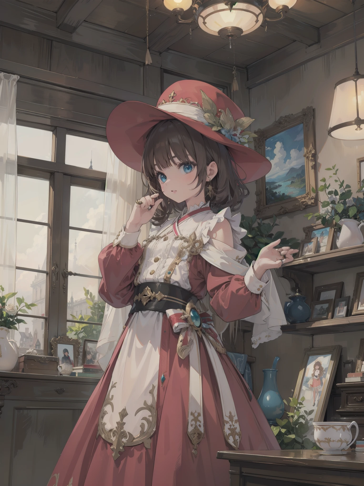 (((( best quality, masterpiece )))), ultra-detailed illustration, realistic, colorful
BREAK.
1girl, solo, outstanding looks, beautiful, bangs, brown hair, curly hair, red lips, medium hair, blunt bangs, aquamarine blue eyes,
BREAK
Bold poz, Cute poz, Embarrassing, Upward glance,
BREAK
Cosplay costume, rings, jewelry, earrings, ribbons, , hair ribbons, shirt, buttons, hat, red dress, dress, long sleeves
BREAK
Otherworldly Fantasy World View, Lamp, Indoors, Blurred Background, Kettle, Curtain, Raising Hand, Looking At Viewer, Distant, Window,
Translated with DeepL.com (free version)