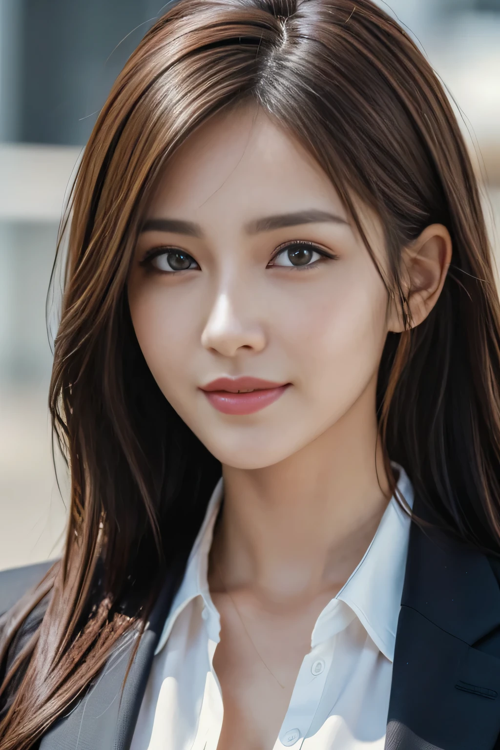 table top, highest quality, realistic, Super detailed, finely, High resolution, 8k wallpaper, 1 beautiful woman,, light brown messy hair, wearing a business suit, sharp focus, perfect dynamic composition, beautiful and detailed eyes, thin hair, Detailed realistic skin texture, smile, close-up portrait, model body shape