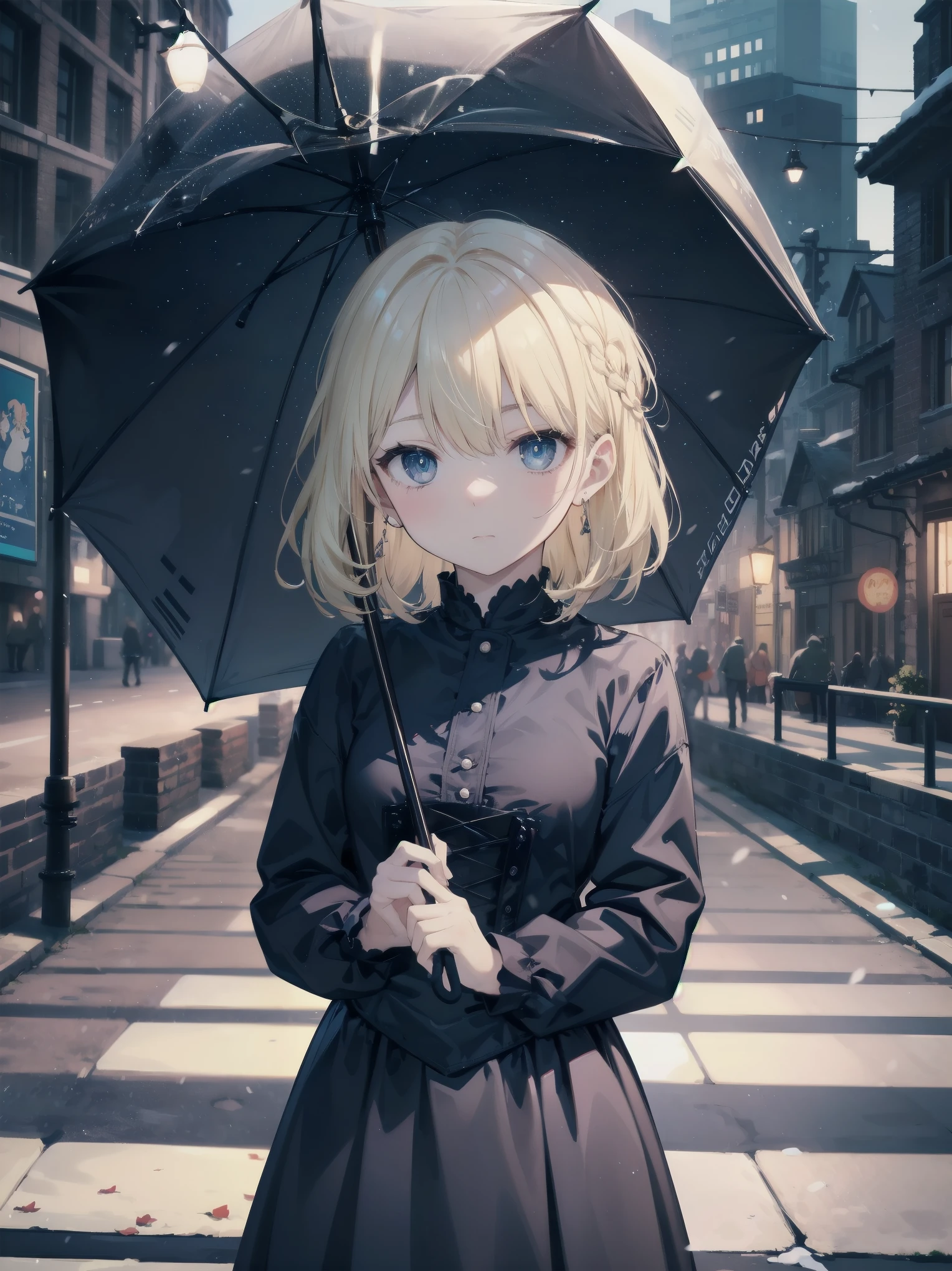 With background: snowy night cityscape。Detailed drawings of buildings and cityscapes using precise three-dimensional thinking。
shape: 20 year old girl。The hairstyle is bob、hair color is blonde、Hair is wavy。
expression and eyes: serious expression、eyes are blue、realistic and complex eyes。
clothing: black and purple gothic clothes。long sleeves and skirt、Corset available。
Pause：holding an umbrella in his left hand。
effect:Focus on the face from above。
style: Ghibli style special elements：I never have