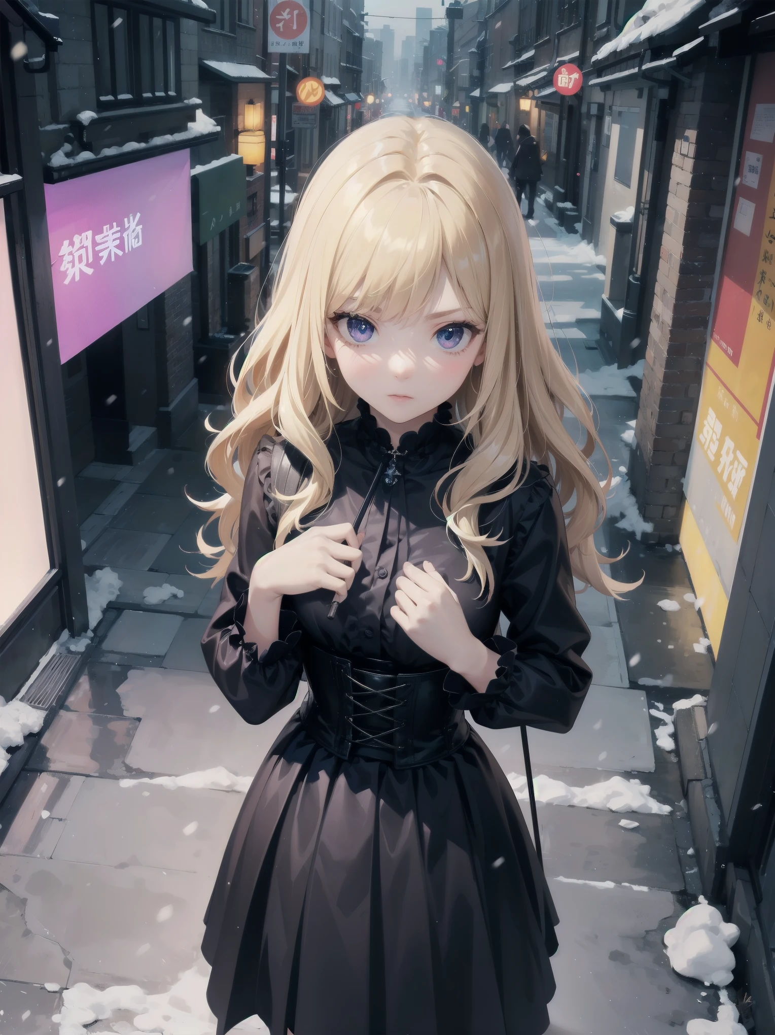 With background: snowy night cityscape。Detailed drawings of buildings and cityscapes using precise three-dimensional thinking。
shape: 20 year old girl。The hairstyle is bob、hair color is blonde、Hair is wavy。
expression and eyes: serious expression、eyes are blue、realistic and complex eyes。
clothing: black and purple gothic clothes。long sleeves and skirt、Corset available。
Pause:holding an umbrella in his left hand。
effect:Focus on the face from above。
style: Ghibli style special elements:I never have