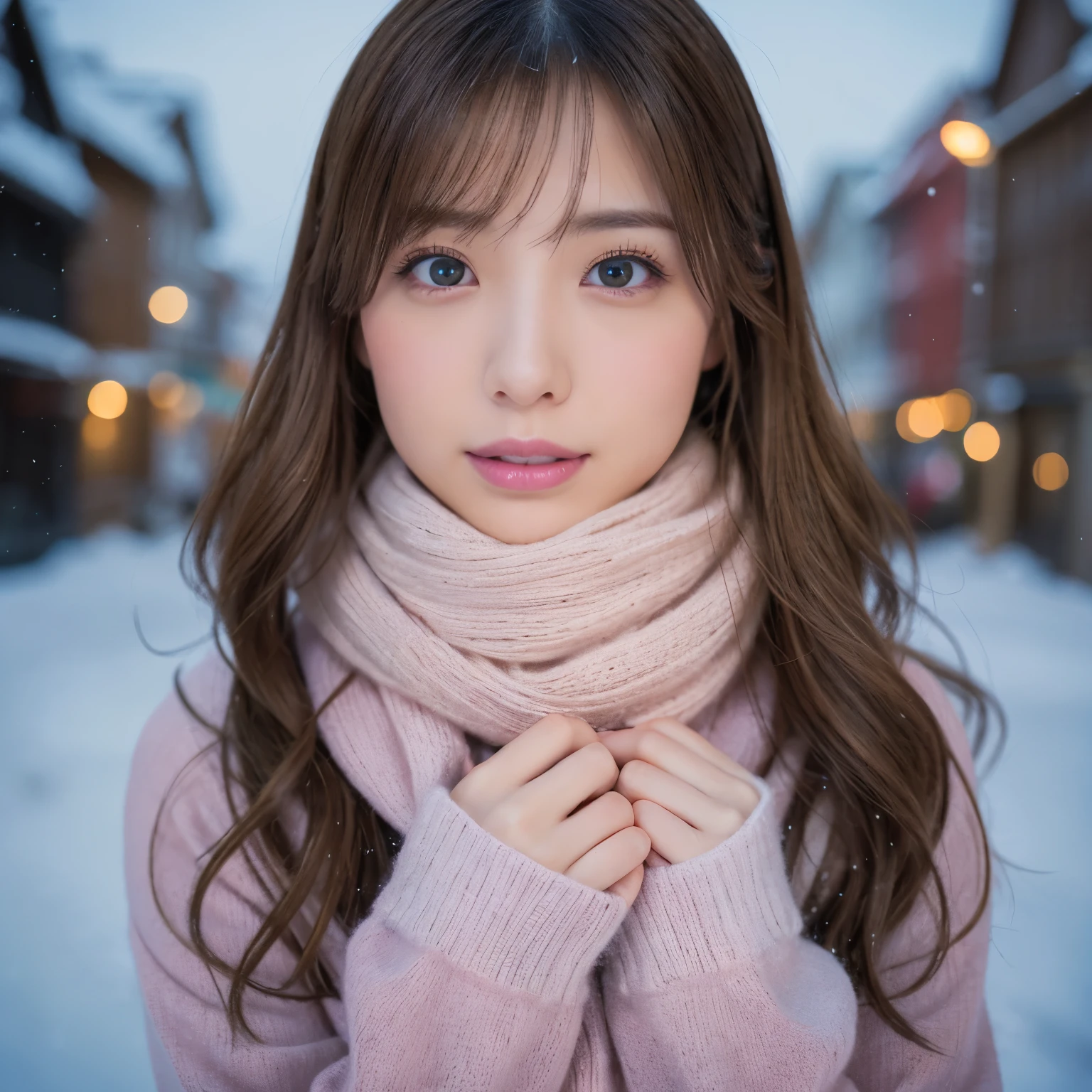 (table top、highest quality、8k、Award-winning work、ultra high resolution)、one beautiful woman、(Turtleneck long knit sweater dress:1.1)、perfect fit、brown hair、blonde、(The most natural and accurate pink long scarf:1.2)、Very long wavy hair、epic movie lighting、(romantic love mood:1.1)、(The most romantic and moody atmosphere:1.1)、winter、snow scene、It&#39;s snowing、Norwegian city covered in snow、look at me、(Huge breasts that look like they&#39;ll burst:1.1)、(Most emphasize the body line:1.1)、very long hair、blurred background、accurate anatomy、ultra high definition hair、ultra high resolutionの完璧な美しい歯、Ultra high definition beauty face、ultra high definition hair、Super high-definition sparkling eyes、輝くultra high resolutionの美肌、ultra high resolutionの艶やかな唇、(close up of face:1.3)