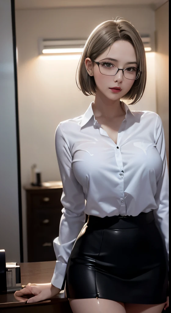 4K quality、最high qualityの傑作、A girl wearing thin silver glasses and a white shirt, (heavy makeup), Blurred city background at sunrise, short hair, detailed face, high quality, High resolution、(full shot:1.8), big breastini skirt、garter belt and black stockings、secretary、night view、dark room、room without lights