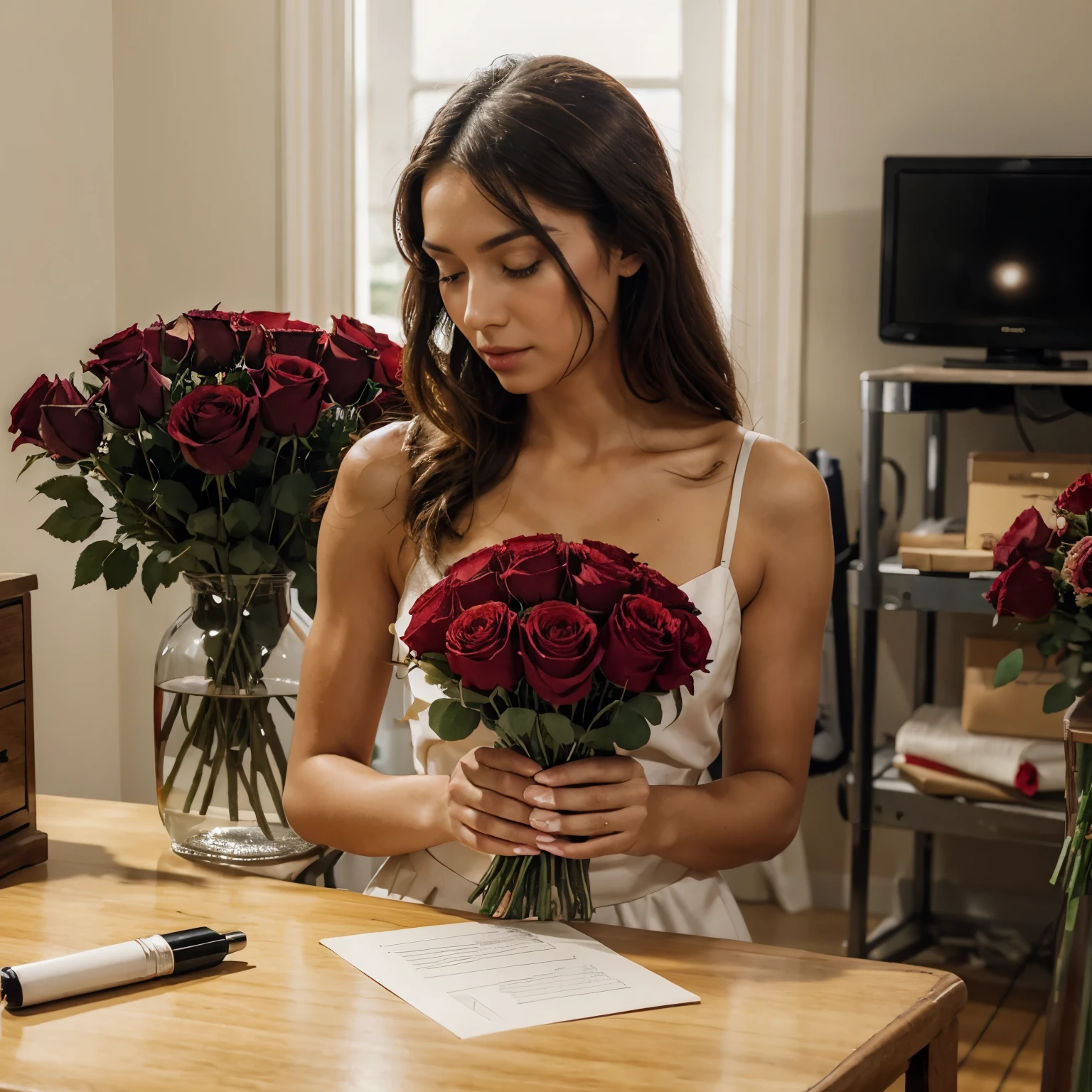 woman holding a bouquet of red roses, in a workroom reading a note