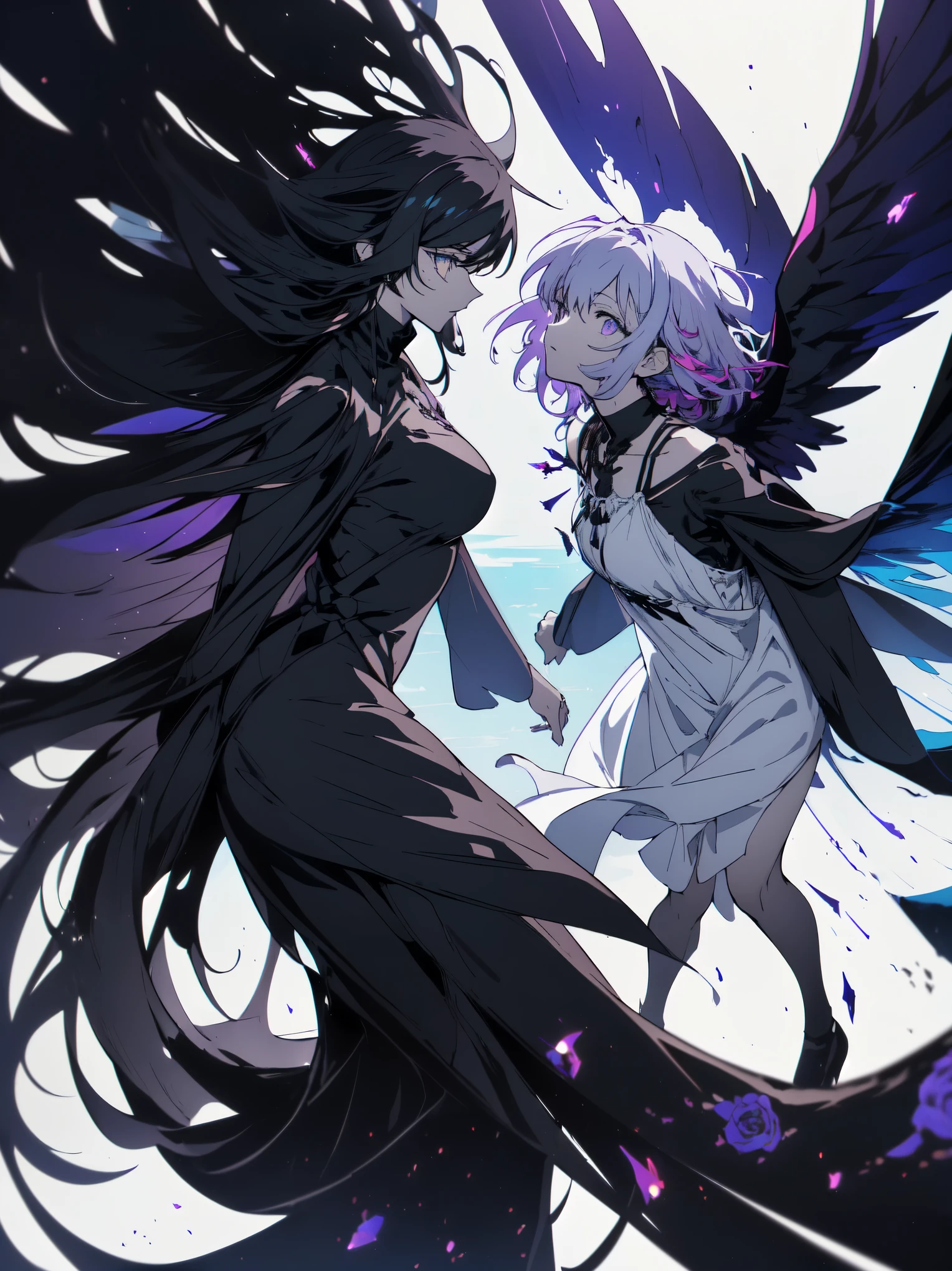 (ultra anime), (shape), (High resolution), (8k), (very detailed), (Best shape), (detailed beautiful eyes), (highest quality), (Super detailed), (masterpiece), (wallpaper), (detailed face), (With two people), (dynamic pose), one man and one girl, On the purple roses spread out on the ground、white wavy hair, Japanese, iris colored eyes, (((very thin, small short nightdress)), big breasts, long legs, best leg comfort, tall nonhuman man、Spooky look、The man wears a jet black costume and has tattered wings.、jet black monster(two people facing each other and looking at each other), beautiful anime