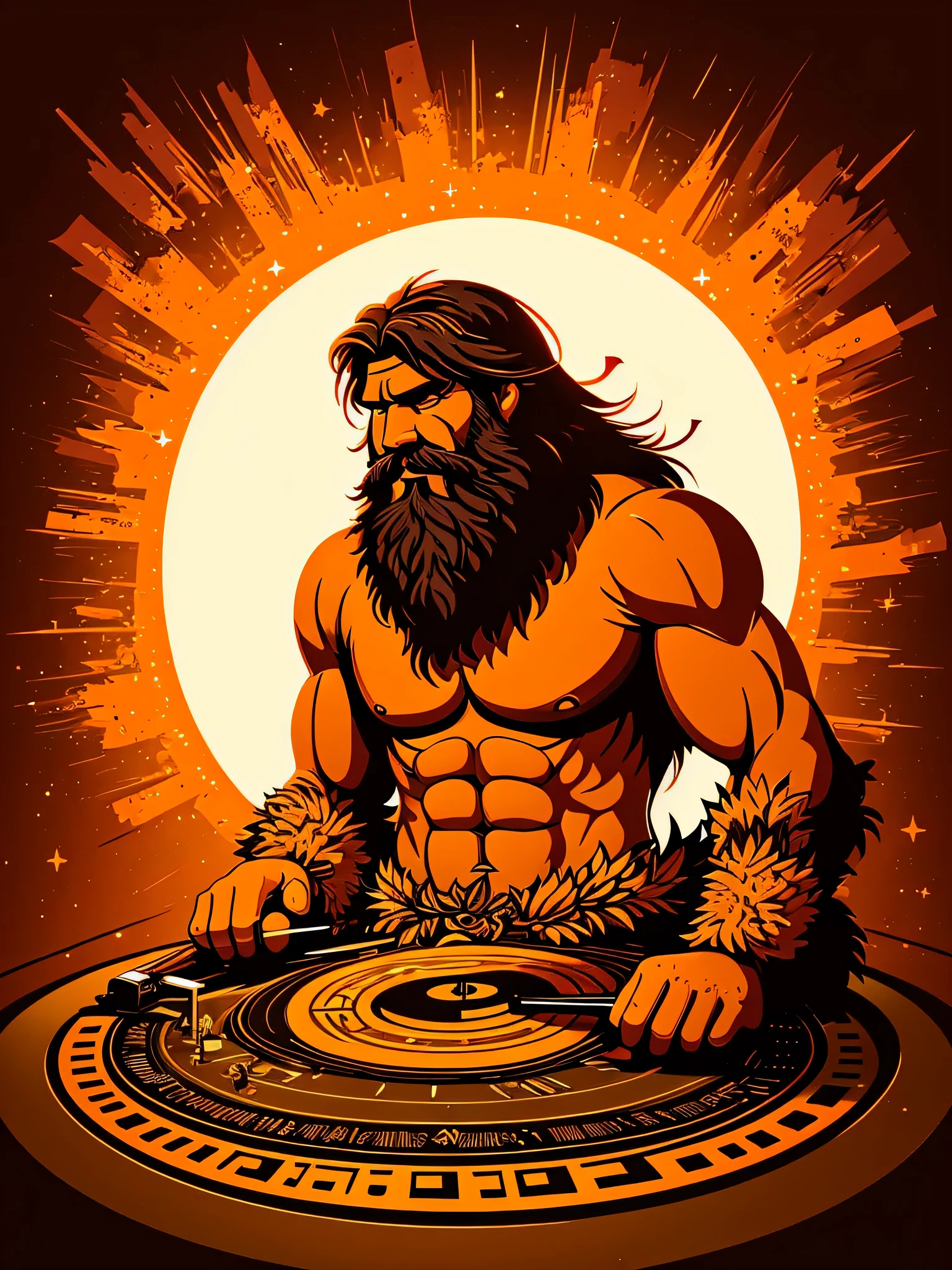  Ultra detailed wild caveman DJ playing vinyl record player near bonfire Vector illustration. prehistoric man relaxing near a protective light in flat style design. Concepto de edades antiguas ,ultra detailed illustration , grunge design , Rustic Art, bokeh, pintura digital, soft lighting, Edad de Piedra, rock art aesthetics, centrado en el personaje, 