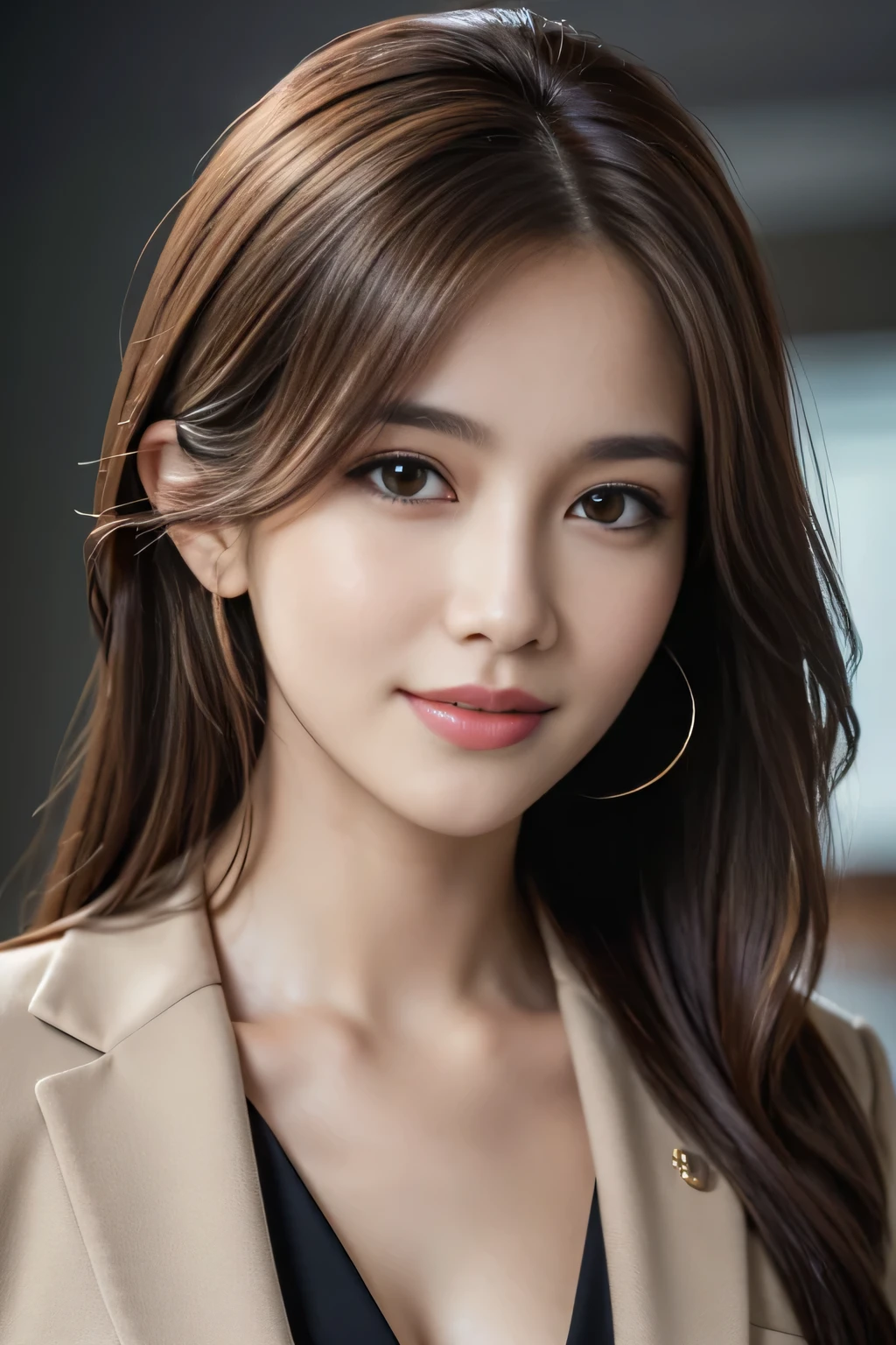 table top, highest quality, realistic, Super detailed, finely, High resolution, 8k wallpaper, 1 beautiful woman,, light brown messy hair, wearing a business suit, sharp focus, perfect dynamic composition, beautiful and detailed eyes, thin hair, Detailed realistic skin texture, smile, close-up portrait, model body shape