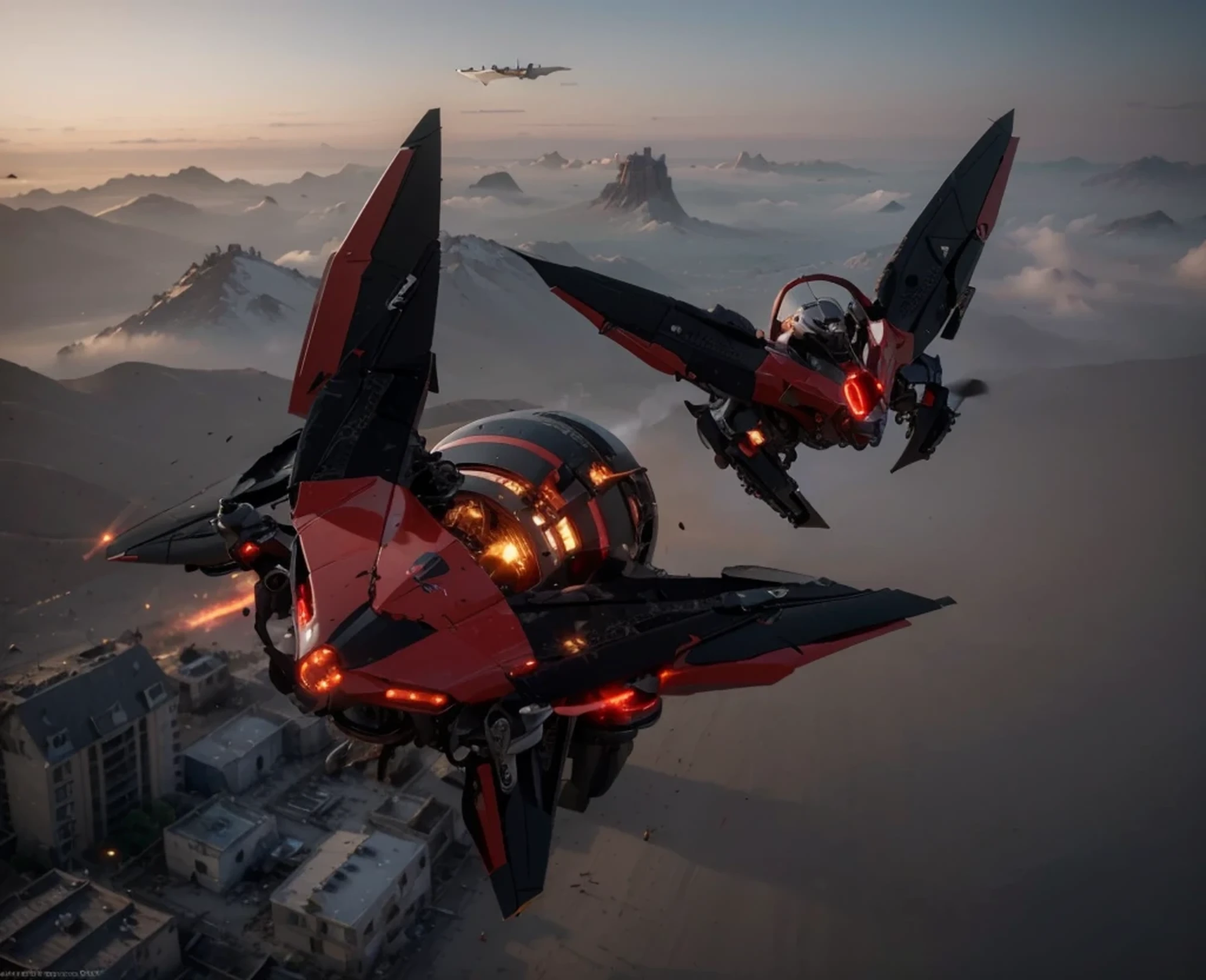 Ultra advanced flying biomechanical robot drone, black and red metal, arms with laser cutters, has cameras, sensors and antennas, biomechanical tail, is flying over a completely destroyed post apocalyptic city, sunny day, 4k, ultra detailed image, realistic, very detailed, perfect composition, splendid, intricately detailed, incredibly detailed, art photography 8k, hyper detailed, Masterpiece, ultra detailed, hyper realistic, 4k, ultra detailed image, realistic, highly detailed, perfect composition, splendid, intricately detailed, incredibly detailed , Artistic photography in 8k, hyper detailed