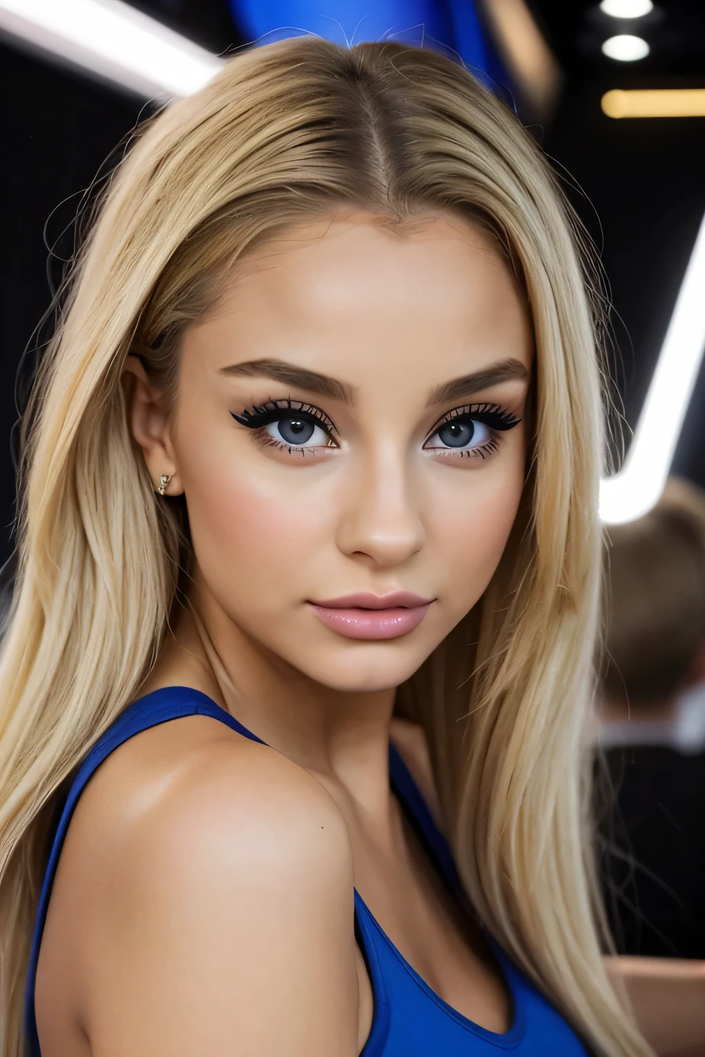 blonde woman with matching tank top and skirt posing at a night club, fille sexy aux yeux bleus, Portrait Sophie Mudd, blur background, best quality, 1girl, Portrait de Corinna Kopf, cheveux blonds et grands yeux, selfie of a young woman, ohne Maquillage, maquillage naturel, Look directly into the camera, Visage avec Artgram, dezentes Maquillage, Ariana GRande, A Superbe photo du corps entier, dans la chambre, Gros seins, Blonde, latina