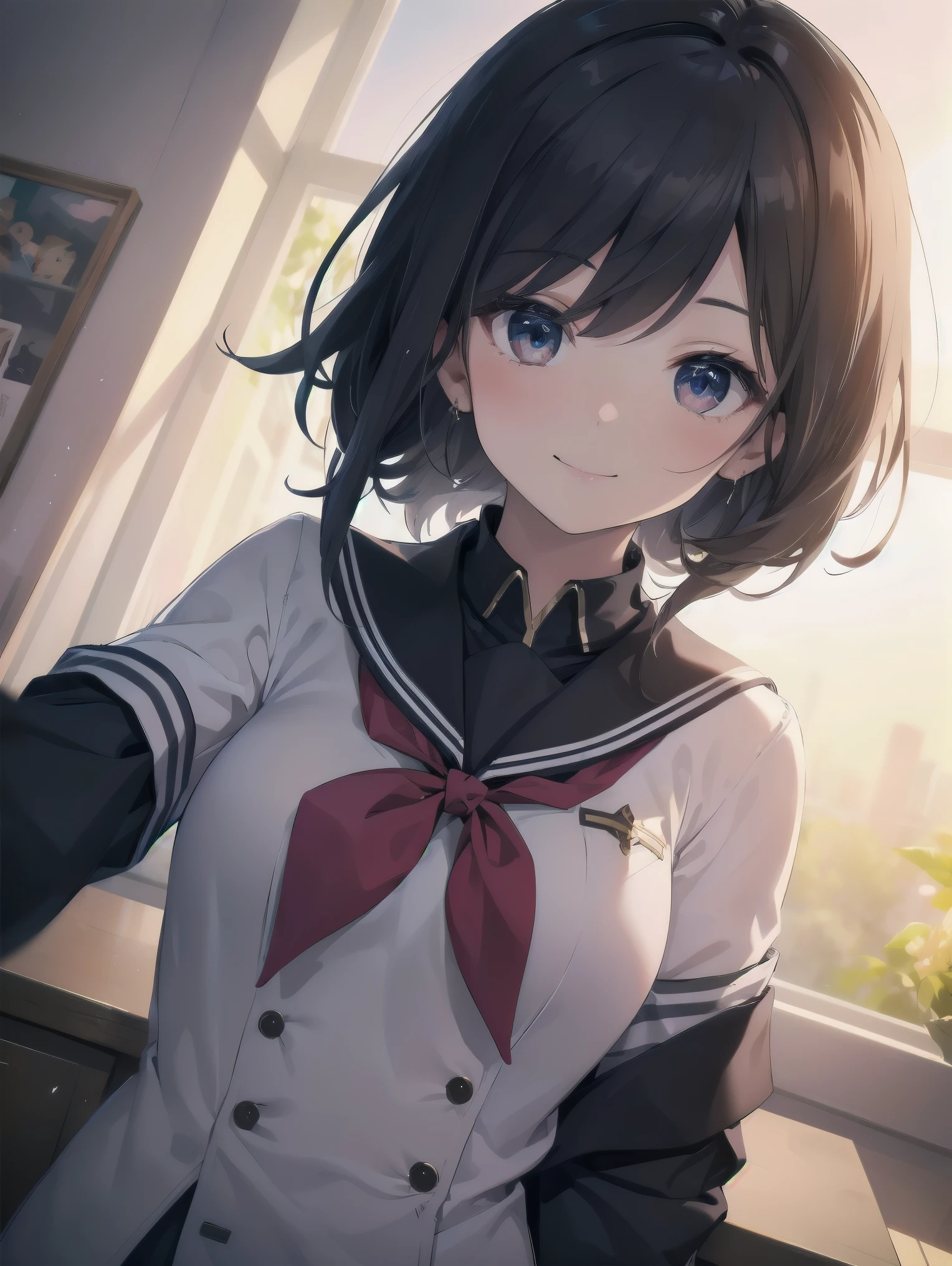 Enhanced dynamic perspective，cute cute beautiful girl，JK uniform，look at me and smile，simple background，works of masters，high quality，4K resolution，super fine，detailed pubic hair，Accurate，cinematic lighting，