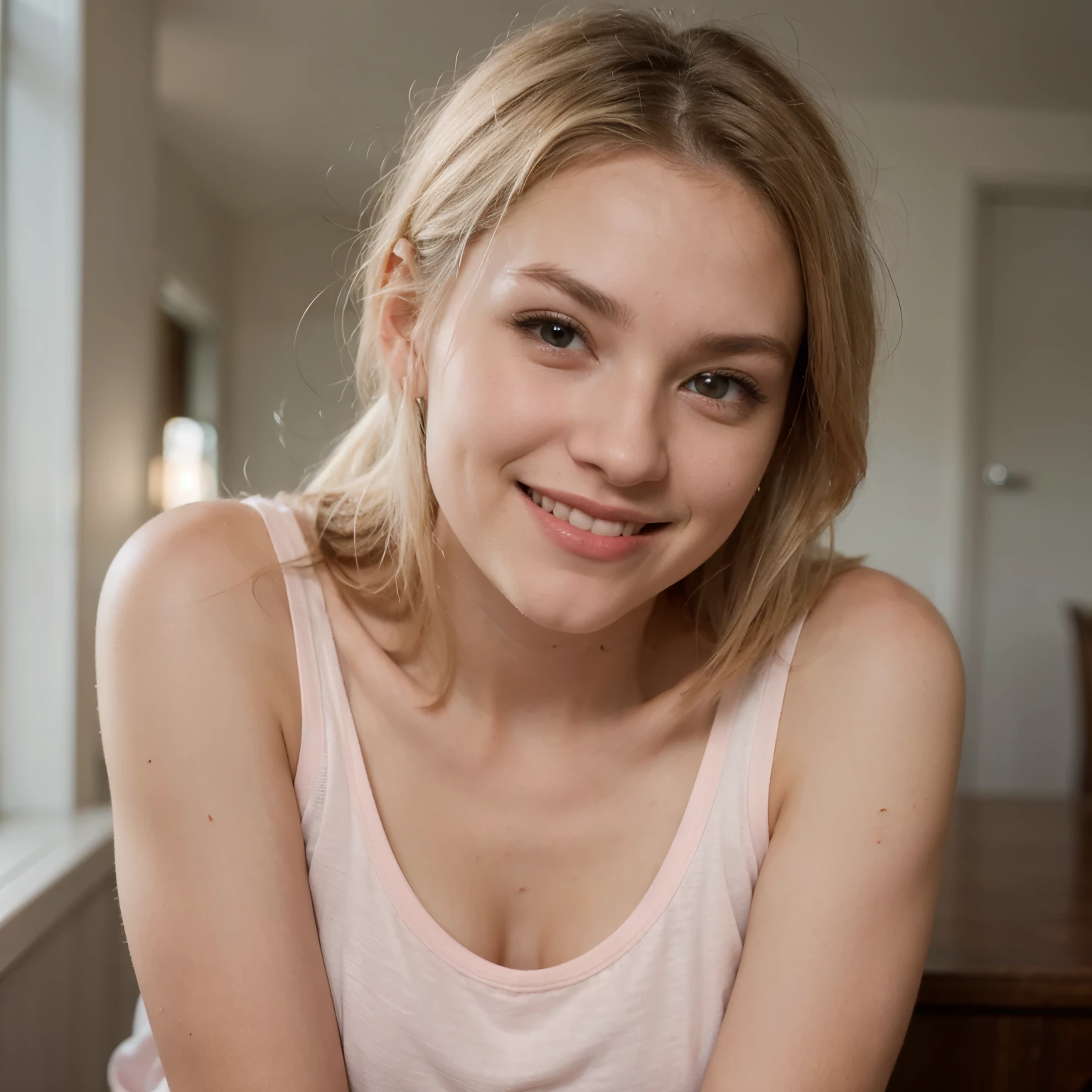 Hyper-realistic image, very cute face, beautiful 18-year-old Russian blonde, very thin and upturned nose, platinum blonde hair with a ponytail, short stature, dressed in a pink sleeveless t-shirt, smiling at the camera, sending a kiss, +8k