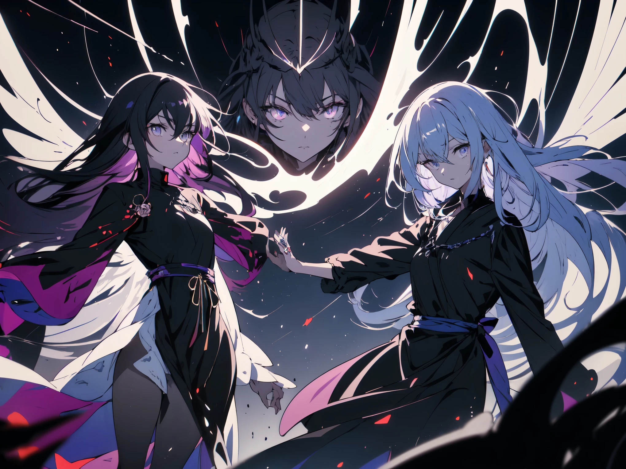 (ultra anime), (shape), (High resolution), (8k), (very detailed), (Best shape), (detailed beautiful eyes), (highest quality), (Super detailed), (masterpiece), (wallpaper), (detailed face), (With two people), (dynamic pose), one man and one girl, On the purple roses spread out on the ground、white wavy hair, Japanese, iris colored eyes, (((very thin, small short nightdress)), big breasts, long legs, best leg comfort, tall nonhuman man、Spooky look、The man wears a jet black costume and has tattered wings.、jet black monster(two people facing each other and looking at each other), beautiful anime