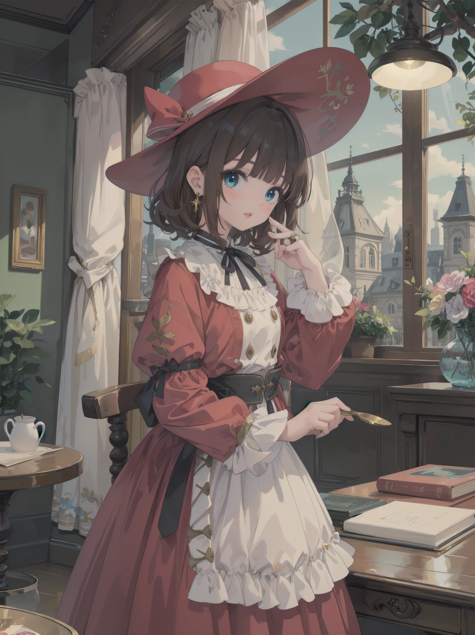 (((( best quality, masterpiece )))), ultra-detailed illustration, realistic, colorful
BREAK.
1girl, solo, outstanding looks, beautiful, bangs, brown hair, curly hair, red lips, medium hair, blunt bangs, aquamarine blue eyes,
BREAK
Bold poz, Cute poz, Embarrassing, Upward glance,
BREAK
Cosplay costume, rings, jewelry, earrings, ribbons, , hair ribbons, shirt, buttons, hat, red dress, dress, long sleeves
BREAK
Otherworldly Fantasy World View, Lamp, Indoors, Blurred Background, Kettle, Curtain, Raising Hand, Looking At Viewer, Distant, Window,

Translated with DeepL.com (free version)
