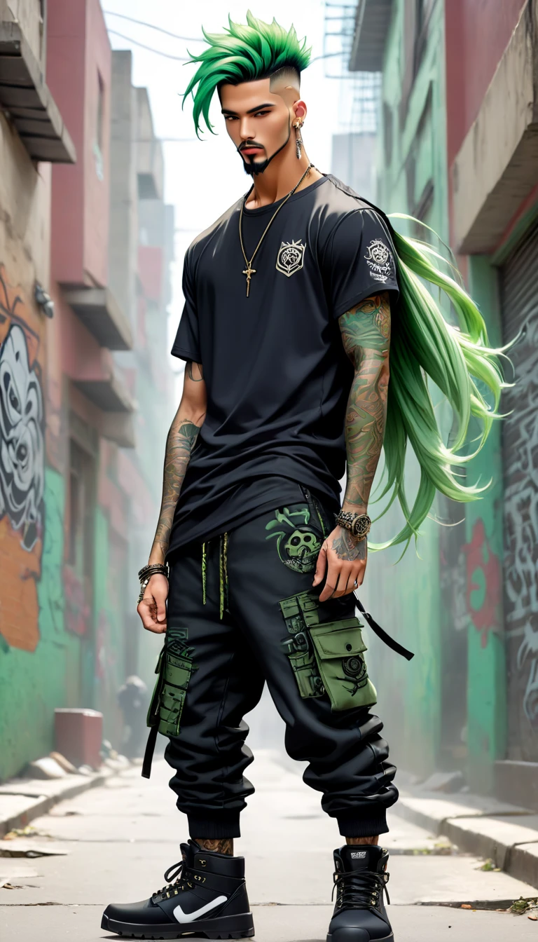 hombre delgado, barba perfectamente recortada, pelo largo en corte ninja, light green hair color and black at the roots.trenzado cabello,. con tatuajes en los 2 hombros pecho y pierna derecha, ropa estilo urbano playera en color blanca y una negra arriba de la blanca, ecko black denim pants, botas timberland en color crema, 1.65 estatura. (rapper) (urbano style) (animated) ((style anime)) (graffiti spirit secret art death painting,) (30% de cibor futurista,) humano ft robot futurista, hero soldier, hombre rapero ninja futurista.(((HD, 4K, REAL))) (8K) ULTRA DEFINIDO.magia mistica (cuerpo completo)completo cuerpo