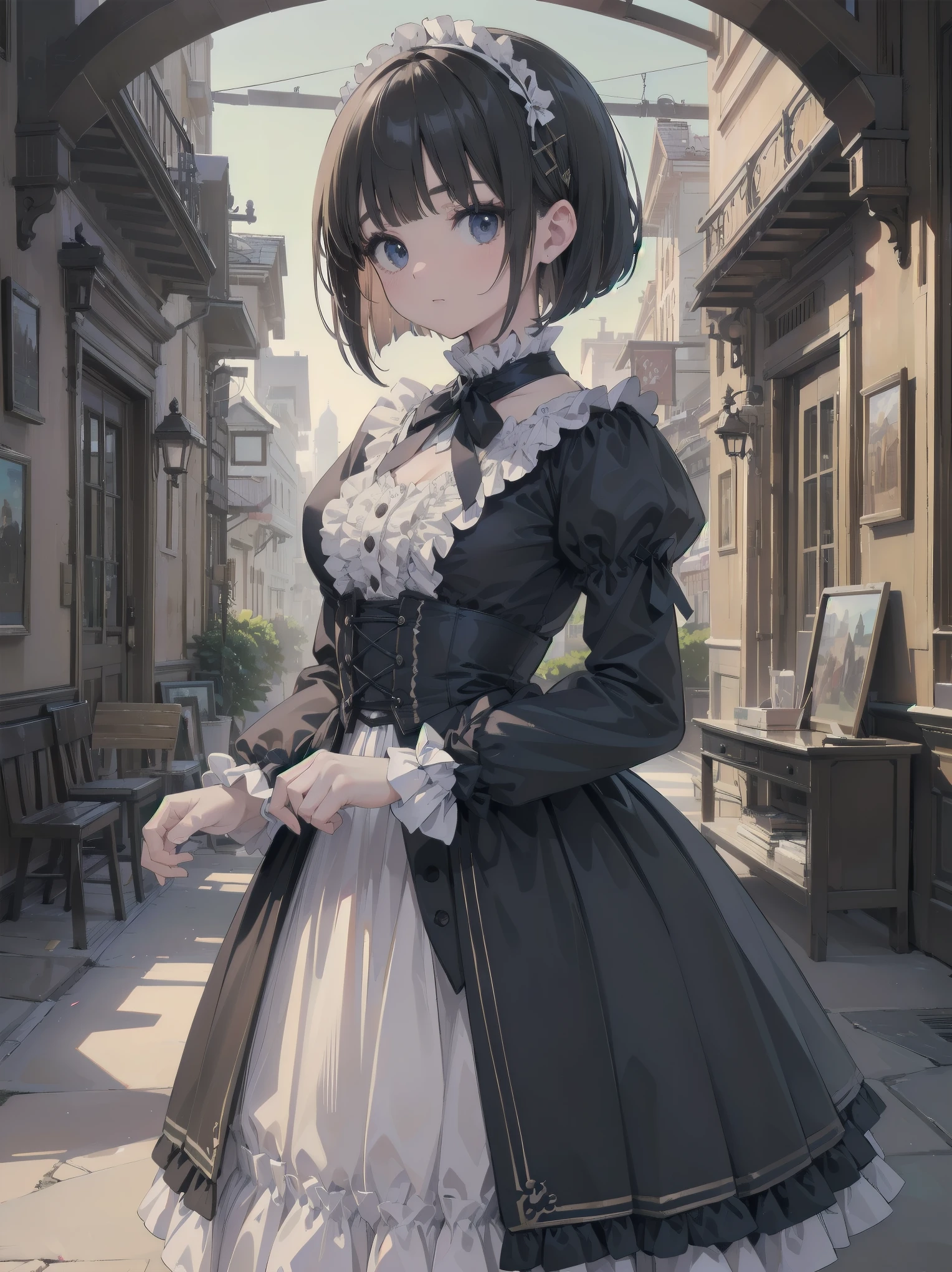 (highest quality、16K、masterpiece、ultra high resolution、Victorian era、Photoreal:1.2)、cowboy shot、One length bob cut braided hair clip with front drop、brand uniform cute、clear、 Tsundere、heroine attributes