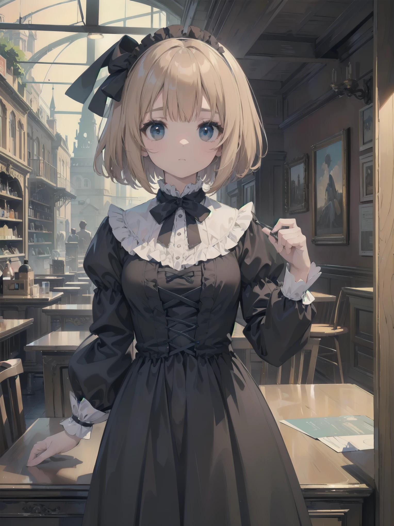 (highest quality、16K、masterpiece、ultra high resolution、Victorian era、Photoreal:1.2)、cowboy shot、One length bob cut braided hair clip with front drop、brand uniform cute、clear、 Tsundere、heroine attributes