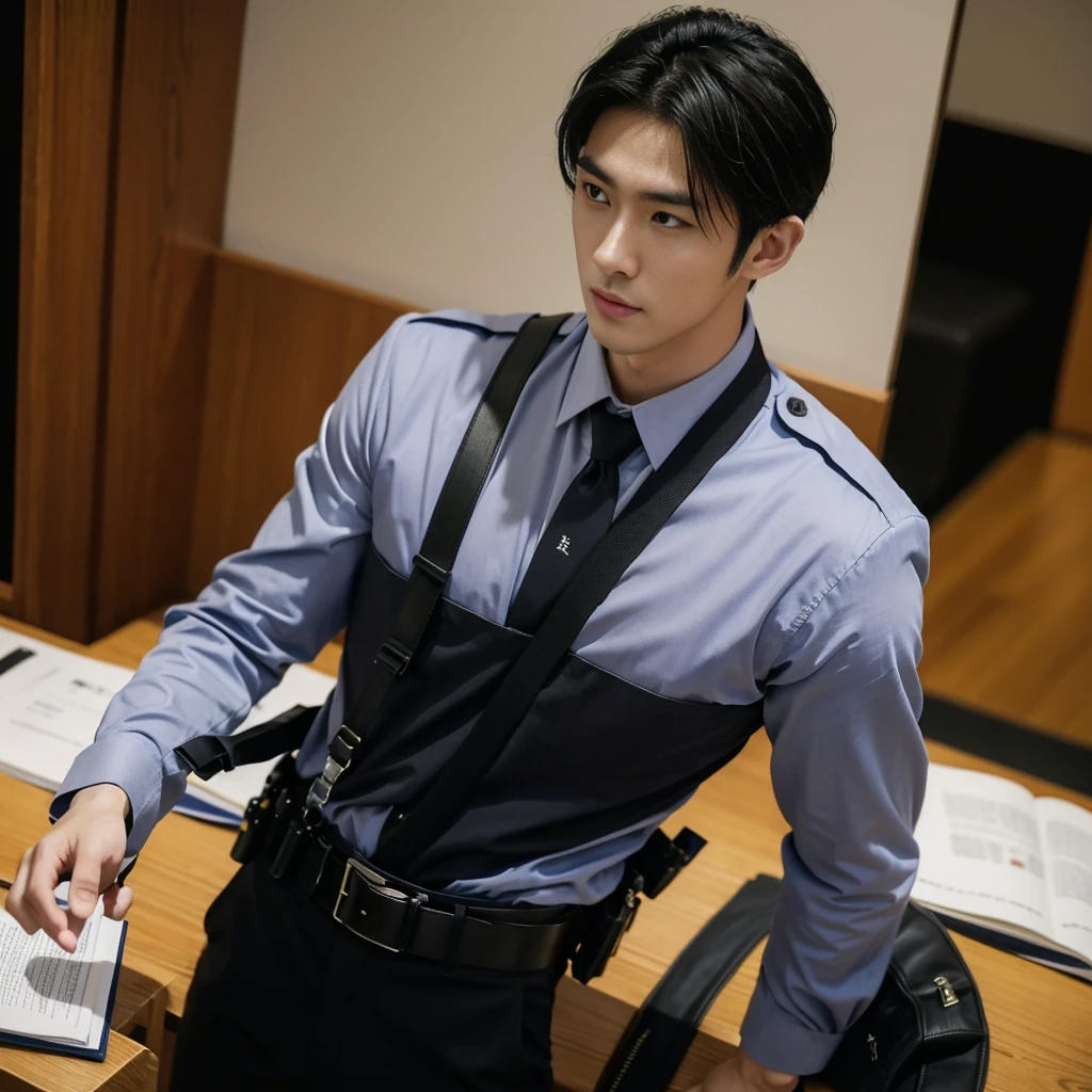 1 handsome Japanese guy，24 years old，library，Handsome and handsome，patrol security，Japan security，intercom，truncheon，full outfit：police clothes，The body is slender，High，Muscles look good，hairy body，Wheat complexion，sexy，black eyes（thin eyes 1：3），whole body image