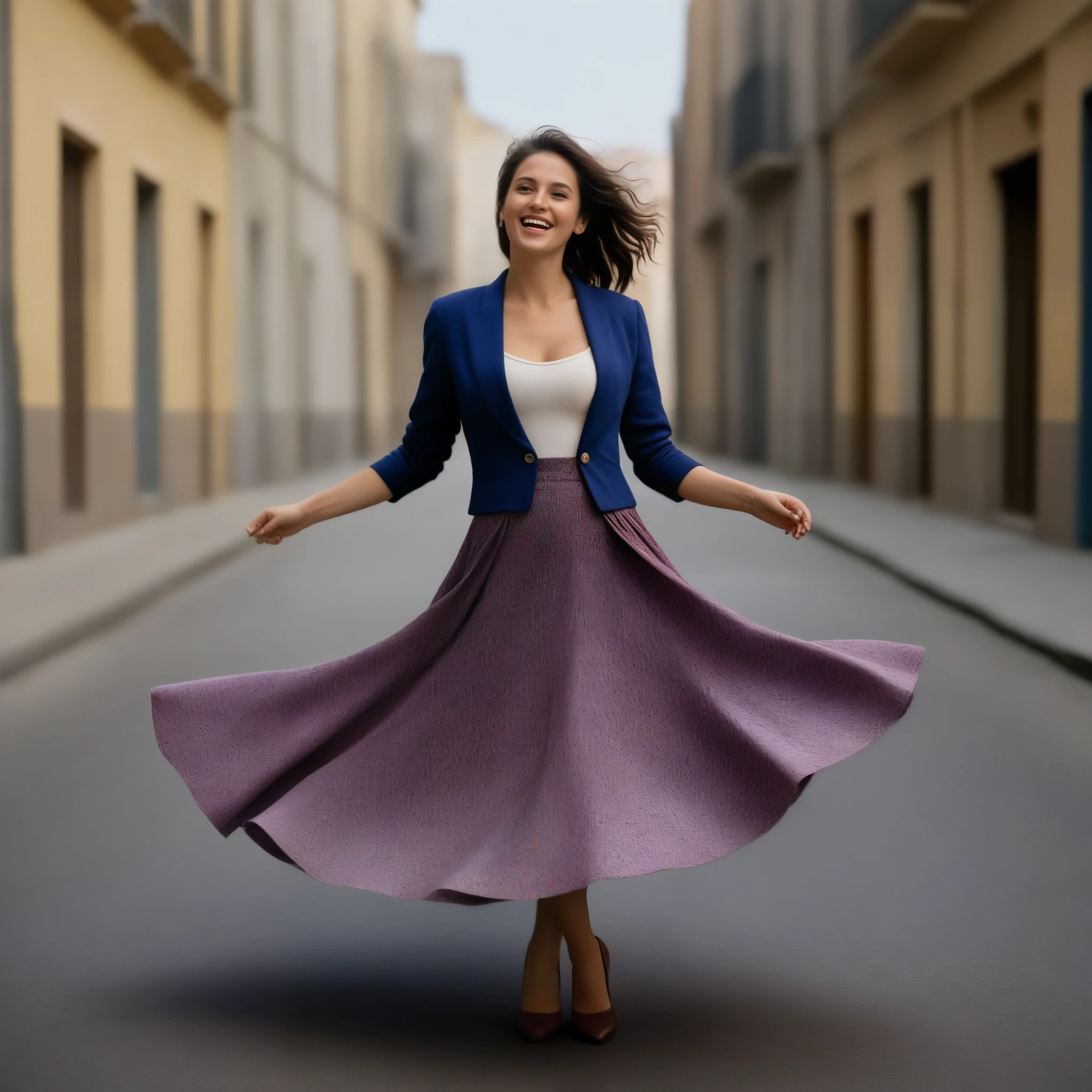  A smiling, authentic, (shy:1,3), kind, beautiful woman, is passionately in love with her skirt, dancing sensually while wind lifts her skirt all around, wearing short blazer and very detailed (long (fully pleated) full circle skirt) and (low heeled court shoes), very intricate hyper-detailed symmetric (attractive graceful young feminine face) with (sad, tired eyes and a loving smile), large breasts, full of empathy and compassion and love, (pronounced (feminine) features), (highly detailed ultra accurate realistic) hands and fingers, (windy), epic composition, highly detailed attributes, (35mm f1.4 Kodak portra 400 photograph), extremely high quality RAW photograph, highly detailed atmosphere, sci-fi, cinematic shot, dynamic lighting, 75mm, Technicolor, Panavision, cinemascope, sharp focus, fine details, 8k, HDR, realism, realistic, key visual, film still, superb cinematic color grading, depth of field 