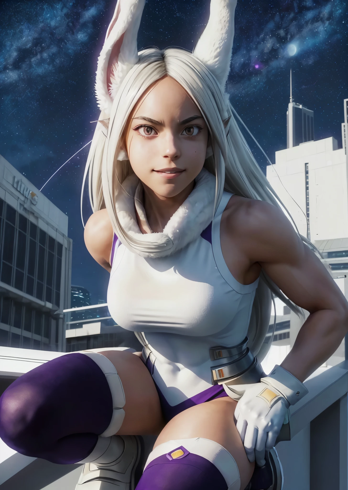 [Miruko], [Boku no hero academia], ((masterpiece)), ((solo portrait)), ((HD)), ((High res)), ((full body)), ((front view)), ((feet visible)), ((anime)), ((detailed shading)), ((beautiful render art)), ((cinematic lighting)), {Miruko; (dark skin), maroon eyes, long white hair, long white bunny ears, small fluffy white bunny tail, (large boobies), (curvy hips), (defined muscles), (defined legs), (beautiful legs), (smug grin), (wide grin)} {(hero costume), (fluffy collar), (purple thigh-highs), (white braceretal feet)}, {(dynamic pose), (on top of skyscraper), (looking at viewer)}, [Background; (starry sky), (full moon), (skyscrapers)]
