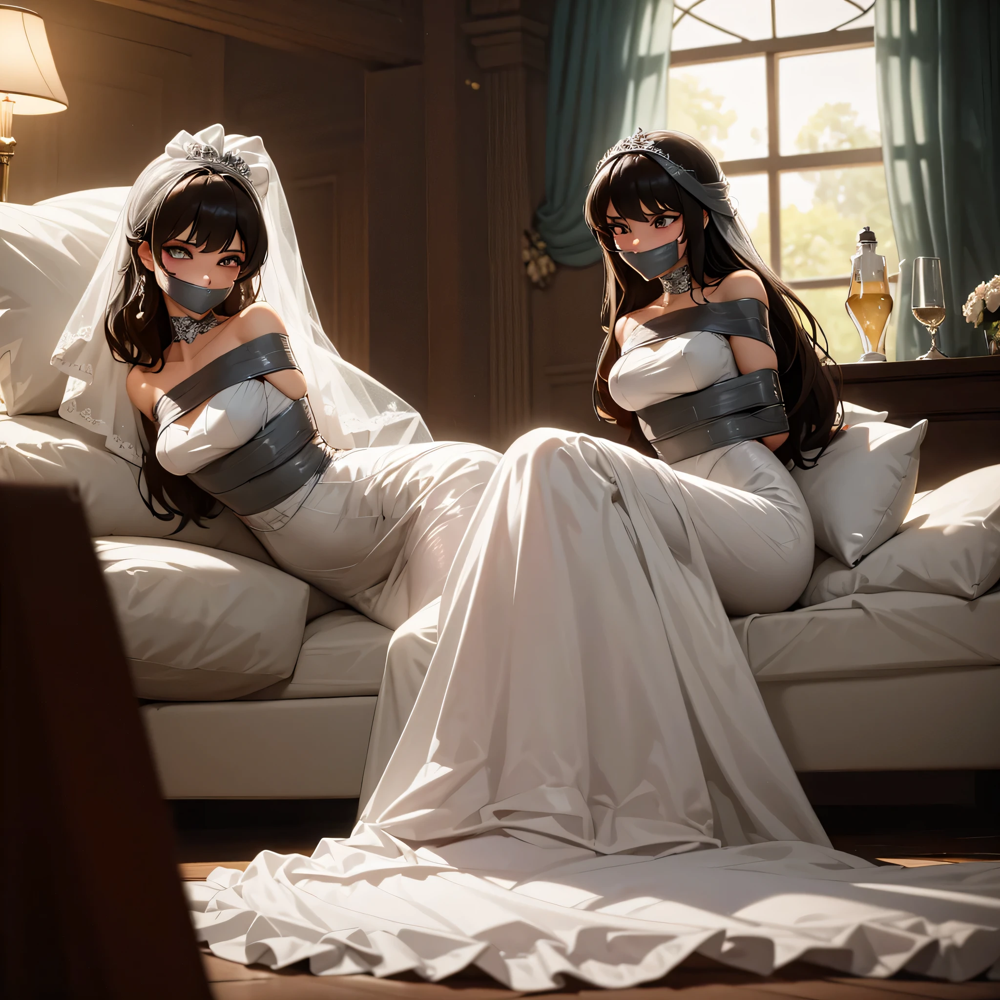 (bright lighting,romantic setting),bride captured, dreamy background,bondage,dark hair, mesmerizing gaze, , soft skin, alluring beauty, artistic portrait, high-quality image, vibrant colors, long silk gown, in the bed,tape bondage,tape gag, mosquito net, bridal