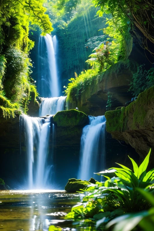 great images、A majestic waterfall cascades down from a towering cliff in the forest.、The area around the waterfall is lush and bright green.、As the water falls into the crystal clear basin below, it should sparkle and create fascinating ripples and reflections.、The sunlight shines through the dense leaves, casting a fantastic light on the scene.、Dancing birds and butterflies add movement and vibrancy to a tranquil environment、The size and beauty of the waterfall evokes feelings of awe and wonder and invites viewers to immerse themselves in this enchanting natural wonder.