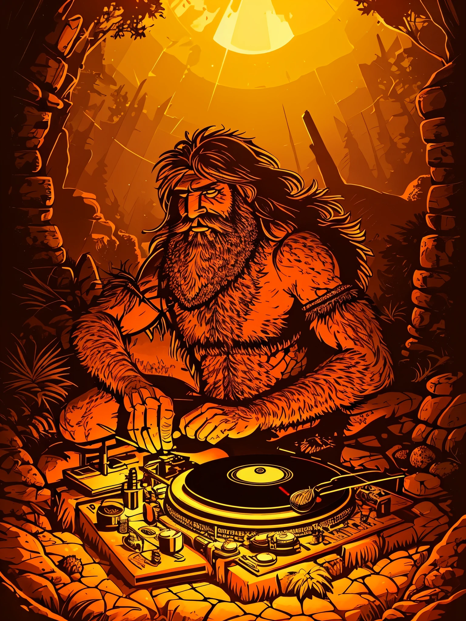 Ultra detailed wild caveman DJ playing vinyl record player near bonfire Vector illustration. prehistoric man relaxing near a protective light in flat style design. Concepto de edades antiguas ,ultra detailed illustration , grunge design , Rustic Art, bokeh, pintura digital, soft lighting, stone age, rock art aesthetics,