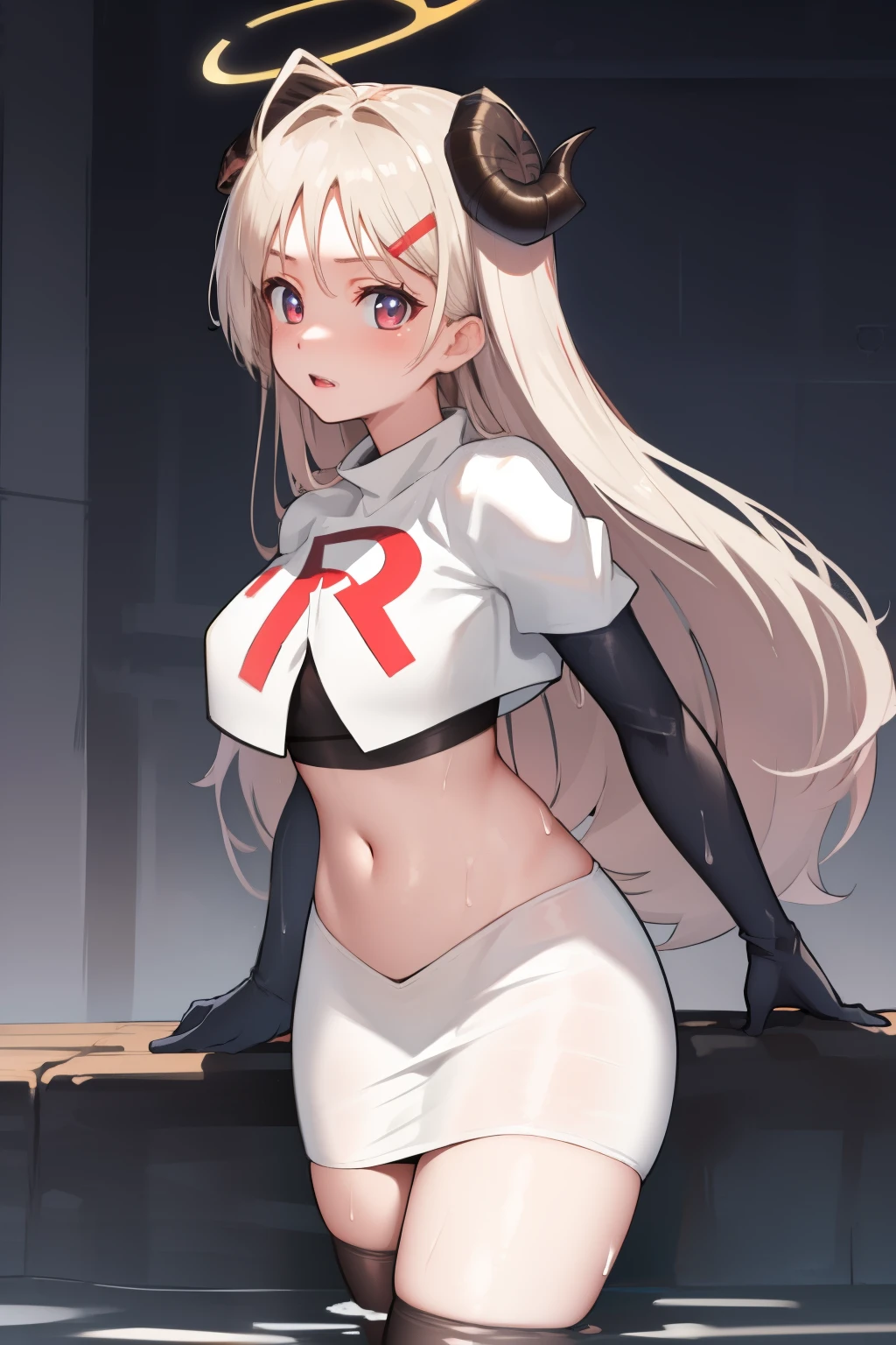 izumidef,demon horns,halo,blue sky,masterpiece,best quality,ultra-detailed, ray tracing,perfect lighting, cowboy shot,(shiny skin:1.2)[wet with oil:0.3],reflection, team rocket,team rocket uniform, red letter R, white skirt,white crop top,black thigh-highs,black elbow gloves