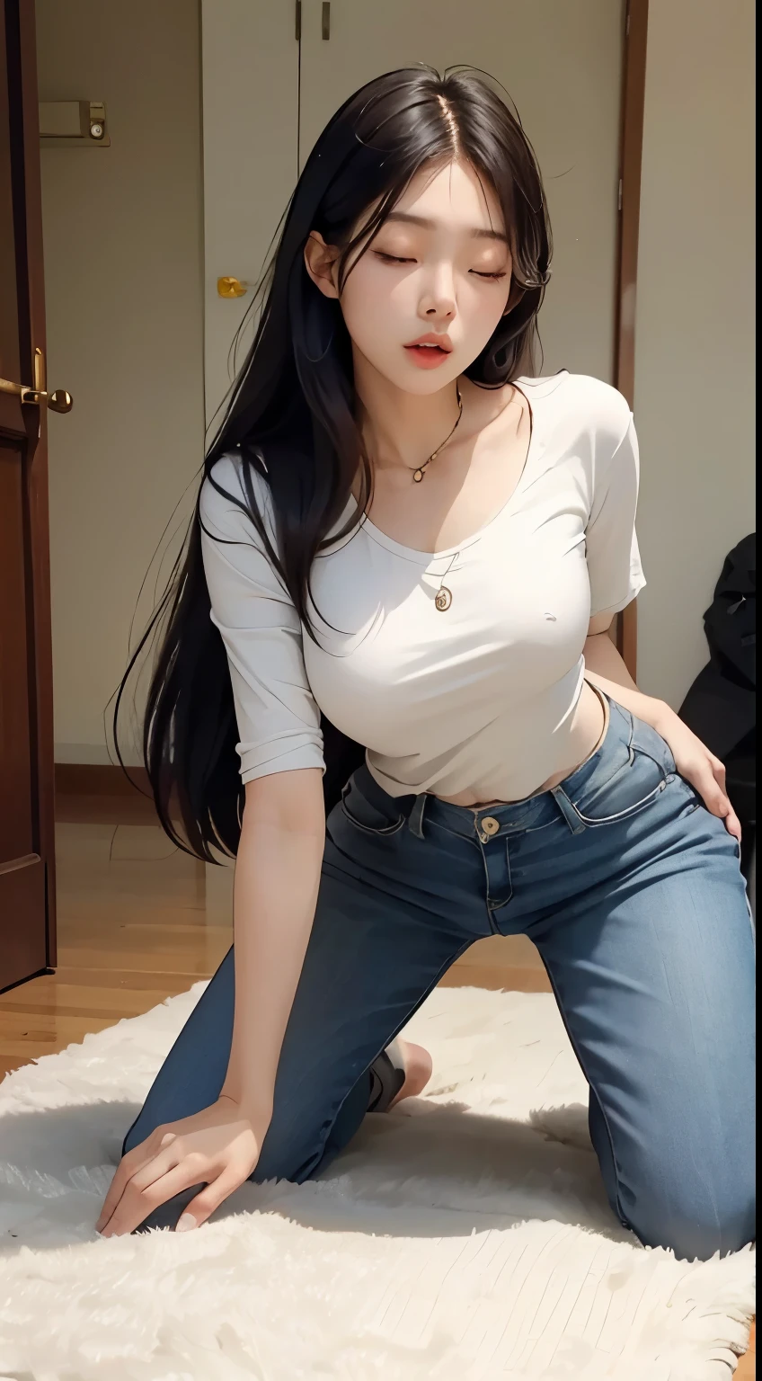 (very large breasts), (very well styled), (very long legs), (long hair), gorgeous young Korean woman, beautiful young Korean woman, young and lovely Korean face, Nam Jae Young, ((woman bending forward in Doggy Style sex pose)), front view, woman bending over at the waist, eyes closed and screaming, entrance to woman's room in apartment, white sweater, navy blue jeans mini skirt, shoulder bag, old man wearing long white t-shirt