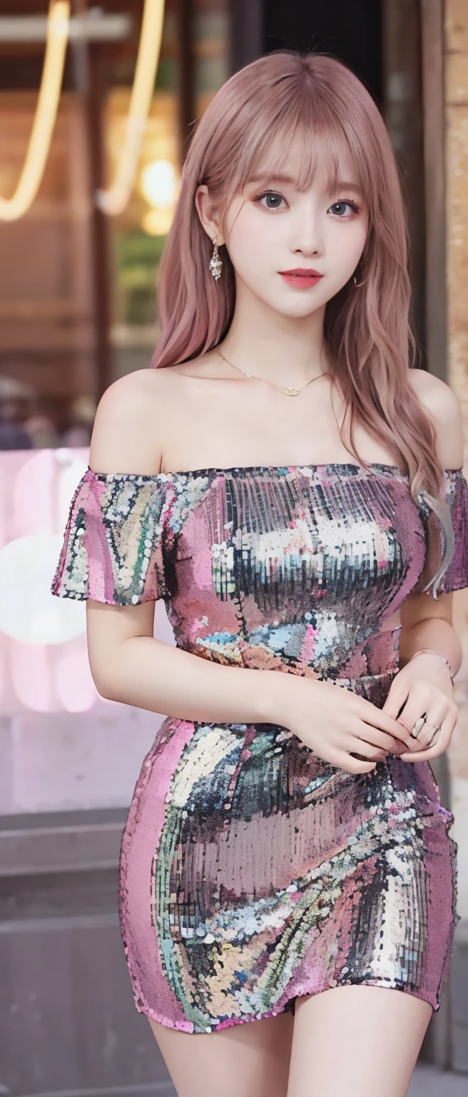 gorgeous idol、whole body、good style、、、、、colorful sequin tight mini dress（off shoulder）、Pink Blonde Hair