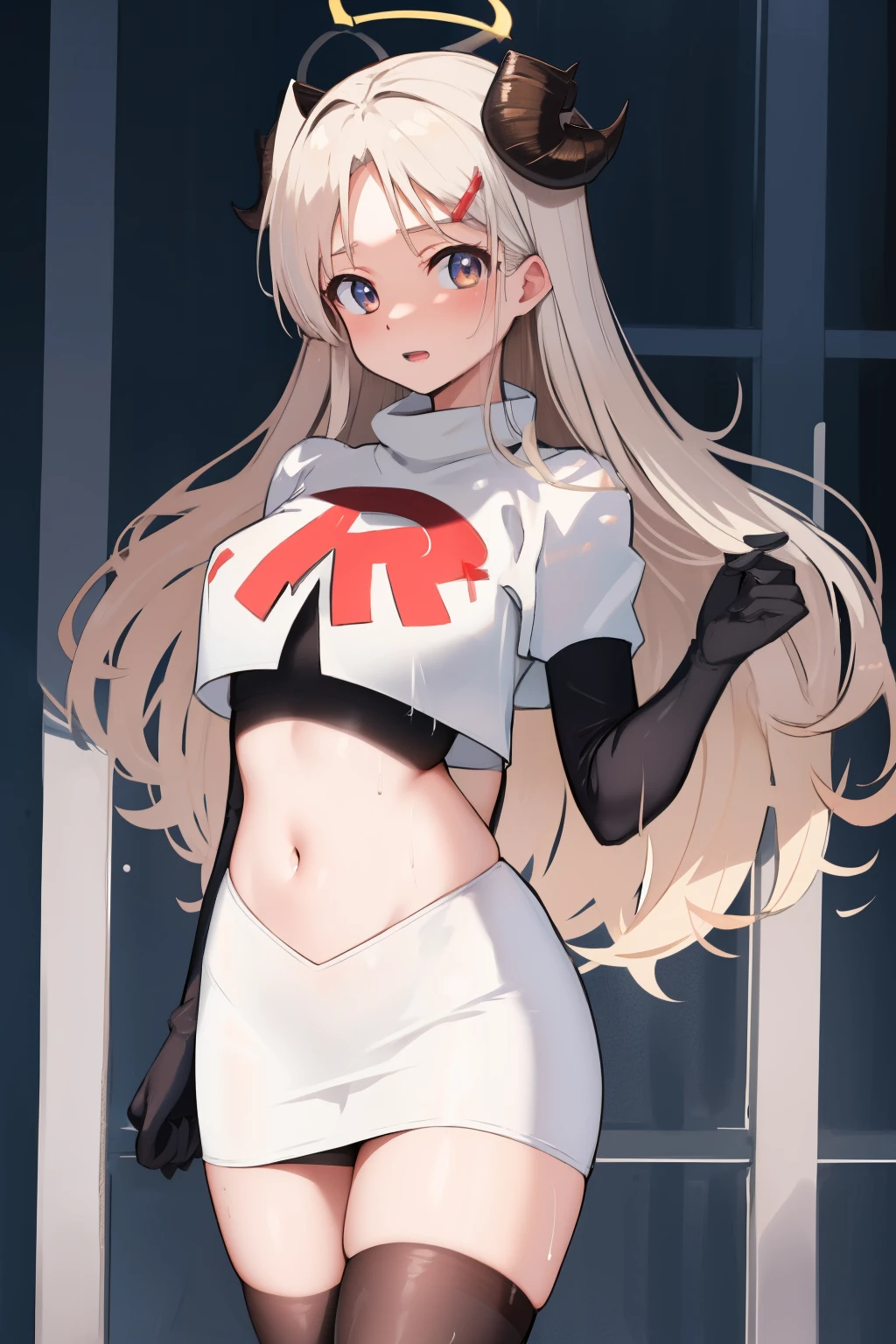 izumidef,demon horns,halo,blue sky,masterpiece,best quality,ultra-detailed, ray tracing,perfect lighting, cowboy shot,(shiny skin:1.2)[wet with oil:0.3],reflection, team rocket,team rocket uniform, red letter R, white skirt,white crop top,black thigh-highs,black elbow gloves
