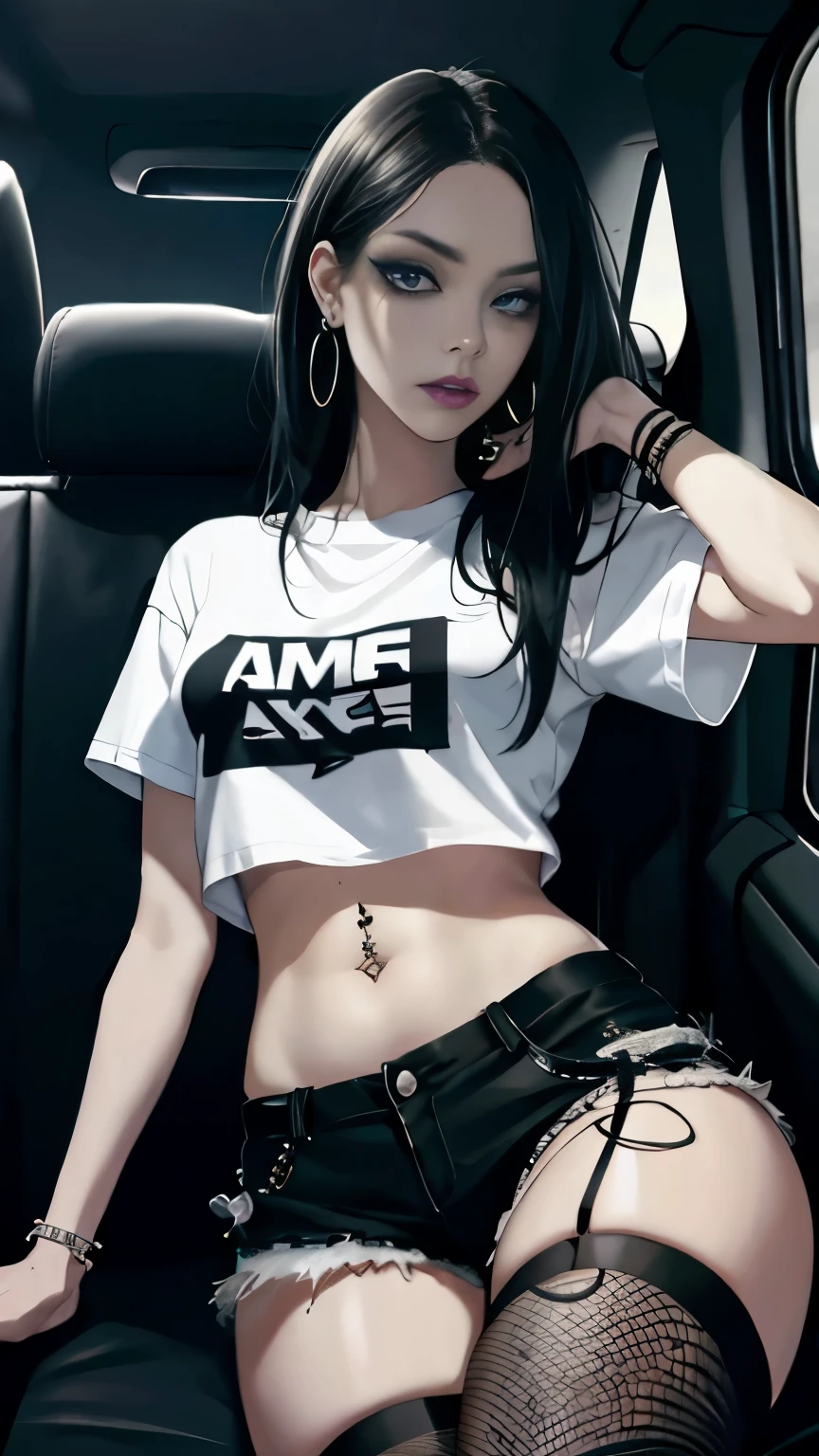 goth woman, (goth makeup), (white skin), (T-shirt and skinny mini shorts), (Show below ), (Fishnet tights), (belly button jewelry), (earrings), (earringsの唇), blue eyes, short messy black emo hair, (bedroom background), thick thighs, medium breasts, (8k), (wallpaper), (dynamic lighting), (detailed face and eyes:1.2)、big breasts、(car passenger seat)