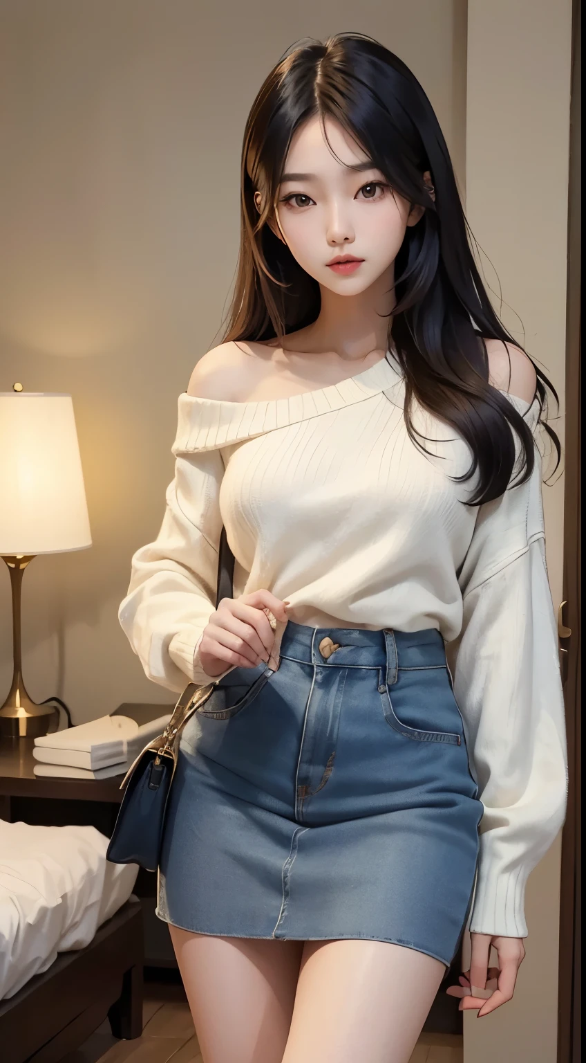 (Very Large Breasts), (Very Stylish), (Very Long Legs), (Long Hair), Gorgeous Young Korean Woman, Beautiful Young Korean Woman, Young Adorable Korean Face, Nam Jae Young, ((Woman having Doggy Style Sex)), Front View, Entrance to Woman's Room in Apartment, white sweater, navy blue jean mini skirt, shoulder bag, old man is wearing long white t-shirt