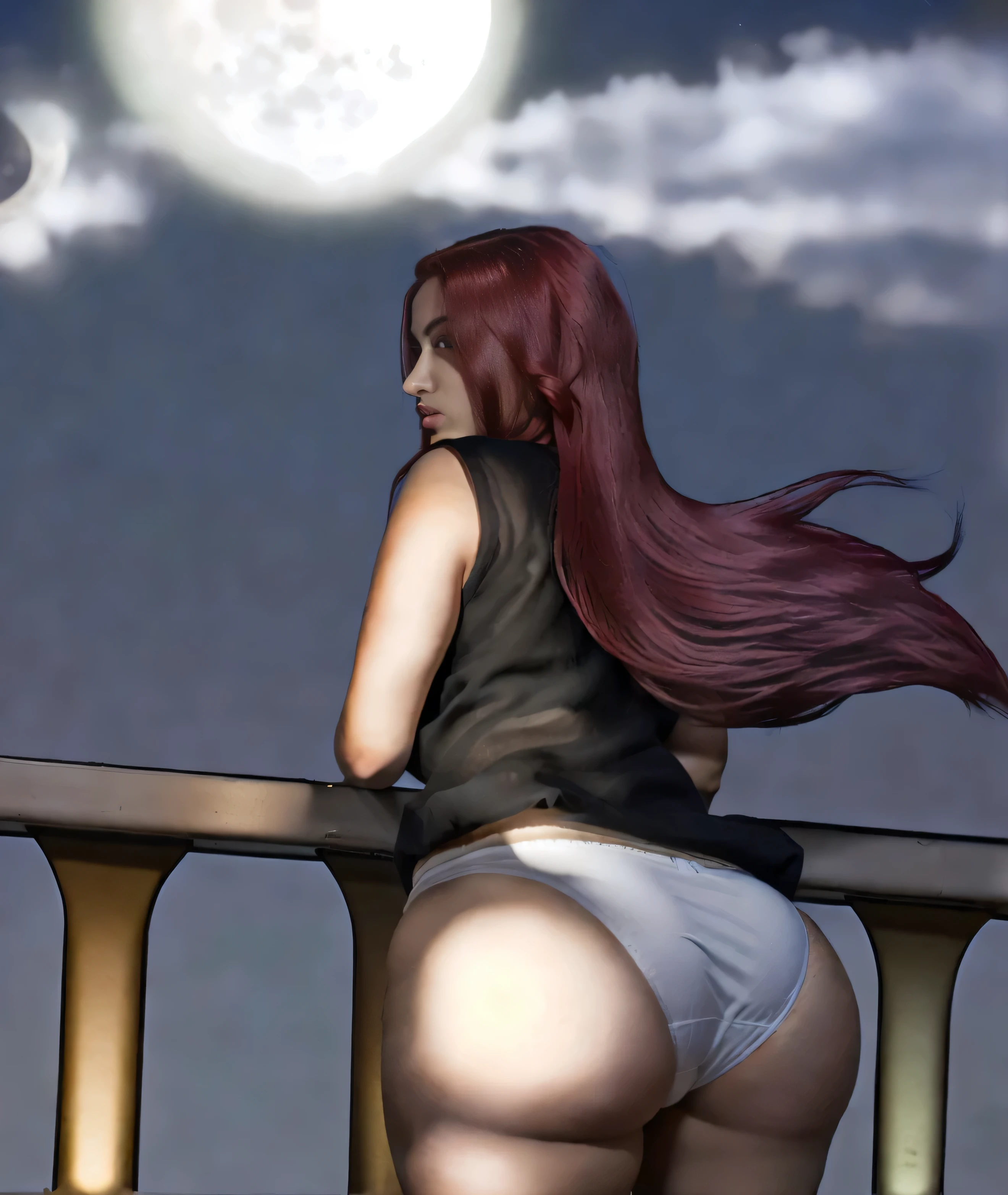 ((masterpiece, best quality)), ((30 year old)), (((Curvy))), (((Latina with long red hair)), in black sleeveless shirt, ((white fullback panties)), ((leaning on the railing of a hotel balcony), ((night time lighting)), (Full moon in the sky), (((Large Hips))), green eyes, low angle shot, (((photo realistic)))
