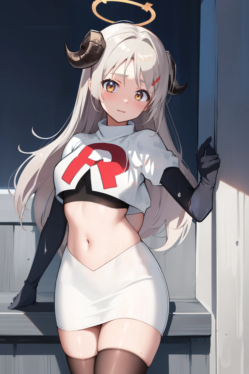 izumidef,demon horns,halo,blue sky,masterpiece,best quality,ultra-detailed, ray tracing,perfect lighting, cowboy shot,(shiny skin:1.2)[wet with oil:0.3],reflection, team rocket,team rocket uniform, red letter R, white skirt,white crop top,black thigh-highs,black elbow gloves
