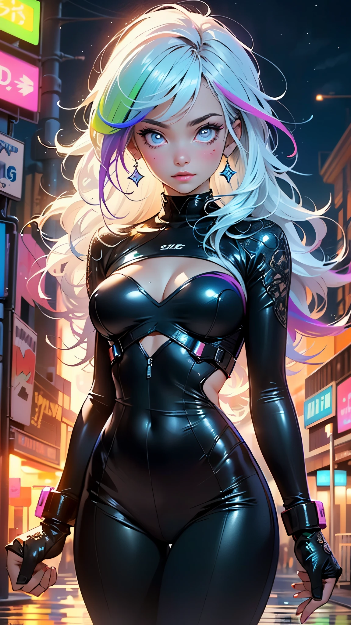 cyberpunk girl,(((1girl))),((cute and beautiful rainbow haired girl)),
(Colorful hair:1.5), (all the colors of the rainbow:1.5),crystal clear eyes,rainbow color gradient bangs:1.5,(rainbow colored hair:1.5), color splash, color explosion, (colorful), Face Paint, ((streaked hair)),(Gradient color eyes),(((colorful eyes))),
(large breasts:1.4),saggy breasts,mane,((multicolored_hair:1.3)), ((rainbow hair:1.3)),((hair bangs:1.3)),((hair with the seven colors of the rainbow:1.3)),((straight hair:1.3)),((very straight hair,very_long hair:1.5)),((The beauty of extra-long hair)),((Super Long Straight Hair)),((bangs)),(((neon rainbow eyes:1.3))),intricate eyes,beautiful detailed eyes,symmetrical eyes,((fat)),(((lustrous skin:1.5,bright skin: 1.5,skin tanned,shiny skin,very shiny skin,shiny body,plastic glitter skin,exaggerated shiny skin,illuminated skin,wet legs))),(spider lower abdomen,narrow waist,wide hip,athletic body,inflated legs, thick thighs,detailed body,(detailed face)),
cute,slutty,erotic,((nsfw)),
white pilot suit,white cyber suit,absurdres,Long legs,cleavage,(((wet clothes,intricate outfit,intricate clothes))),
(hypnotized pose:1.0),hypnotized,(centered,scale to fit dimensions,Rule of thirds),
cyberpunk city by the ocean at night, with bright neon signs and dark stormy clouds and puddles, scenery:1.25,nighttime, starry night, cosmos,Very dark night that makes the neon lights stand out, very bright neon lights,nighttime, starry night, cosmos,
artistic photography,(photography taken by sldr),highres, sharp focus,(ultra detailed, extremely detailed), (photorealistic artwork:1.37),(extremely detailed CG unity 8k wallpaper),((synthwave background theme)),(((vibrant colors))),intricate,(intricate background),(masterpiece),(best quality),perfect rendered face,perfect face details,realistic face,photo realistic,analog style,((intricate detail)),(((realism))),