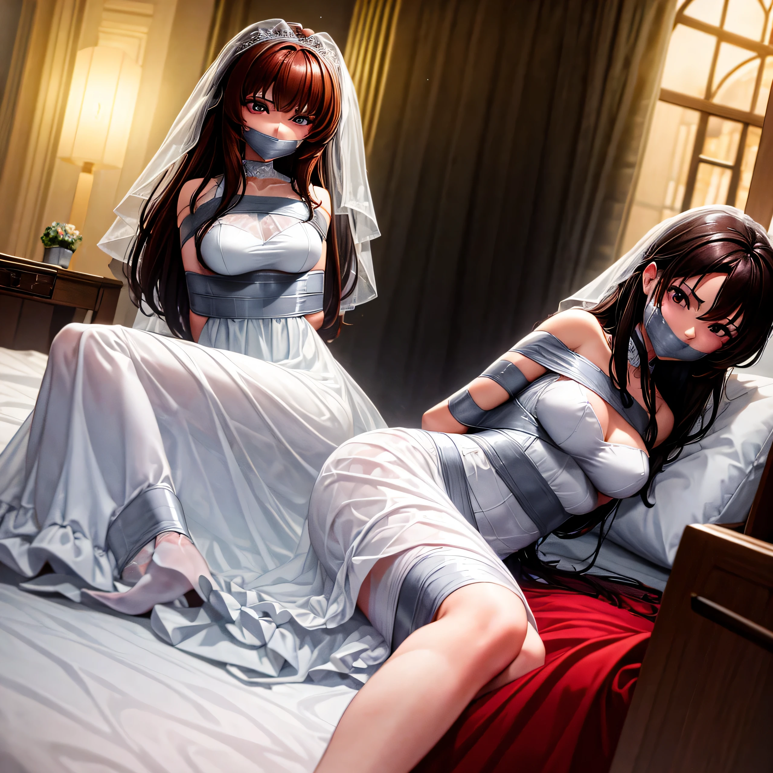 (bright lighting,romantic setting),bride captured, dreamy background,bondage,dark hair, mesmerizing gaze, , soft skin, alluring beauty, artistic portrait, high-quality image, vibrant colors, long silk gown, in the bed,tape bondage,tape gag, mosquito net, bridal