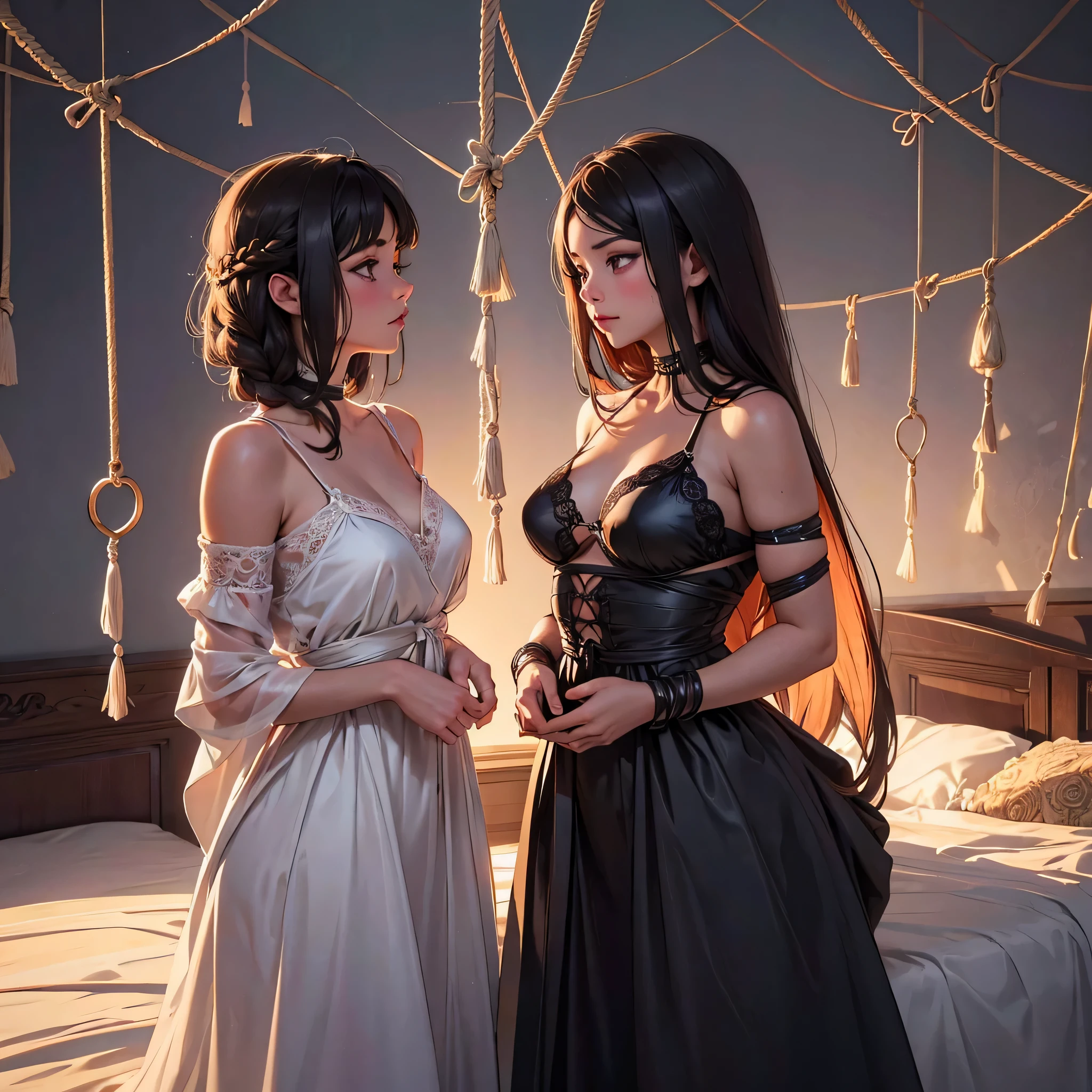 two girl in rope bondage,(bright lighting,romantic setting),dreamy background,bondage,dark hair, mesmerizing gaze, , soft skin, alluring beauty, artistic portrait, high-quality image, vibrant colors, long silk gown, in the bed, mosquito net, rope bondage, 