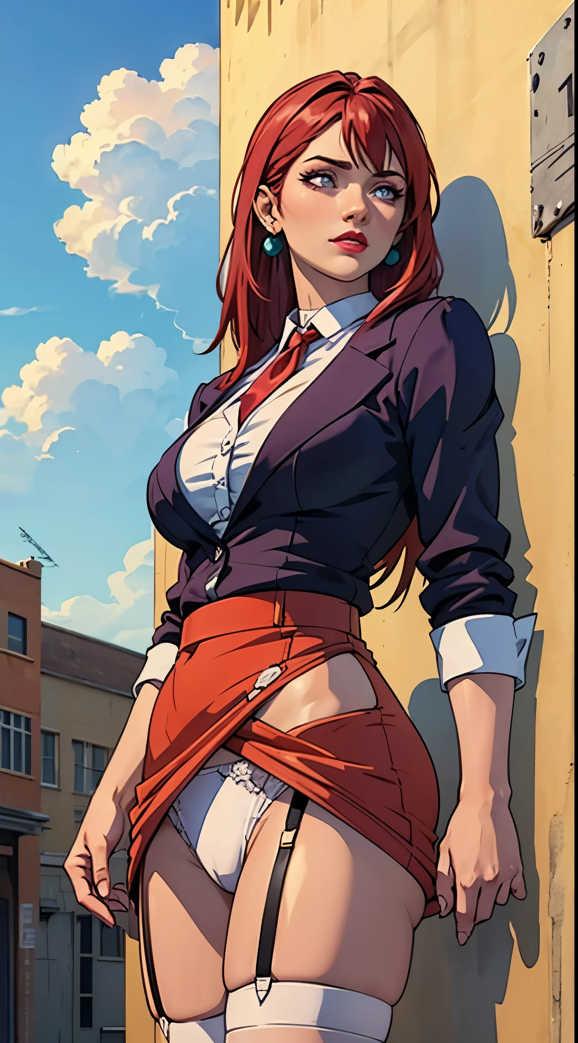(masterpiece, top quality, highest quality, official art, beautiful and aesthetic: 1.2), (one girl), very detailed, colorful, highest detail,
, teacher, red-haired, long-haired, lipstick, makeup, purple-eyed, perfect eyes, earrings, shirt, jacket, black thighs, garter belt, absolute area, pencil skirt, uniform,
jewelry, hands on the chest, see-through, look at the beholder, hair ornament, choker, shy,
(Big: 1.2, upper body, from bottom, camel toe,) white panties, skirt lift,
city, street, leaning, wall, sun, cloud,