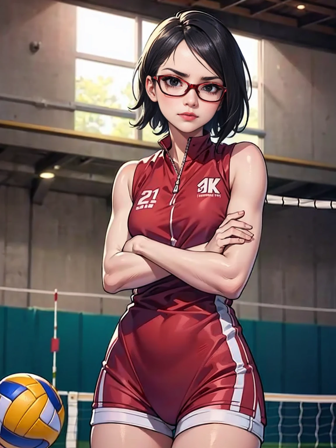 ((1girl, solo ,alone, Sarada Uchiha, short hair, ((smug, crossed arms, ((black eyes)), glasses, small breasts)), uchiha sarada)), ((solo, 1woman, pink lipstick, Extremely detailed, ambient soft lighting, 4k, perfect eyes, a perfect face, perfect lighting, a 1girl)) , ((pink lipstick, Extremely detailed, ambient soft lighting, 4k, perfect eyes, a perfect face, perfect lighting, a 1girl)) , (extremely detailed beautiful face), ((volleyball uniform, volleyball player, women's volleyball, volleyball shorts, volleyball regatta, volleyball court, olympic court, volleyball stadium)), (((fitness, shapely legs ))) 1girl, solo, standing