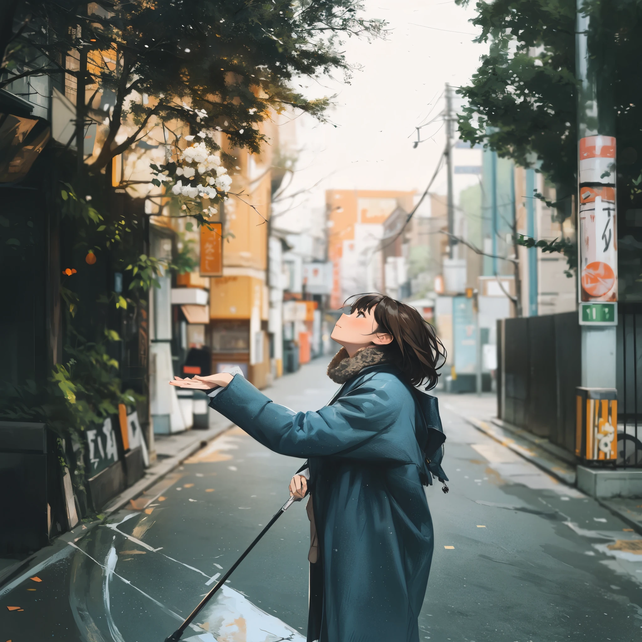 Arapé woman wearing coat and holding umbrella on city street, in a tokyo streets, 도시 standing on the street, standing on the street, tokyo streets에서, Wandering in the city, japanese travel aesthetics, city street with forest behind her, standing on the street, standing in the alley, tokyo streets, standing on the streets